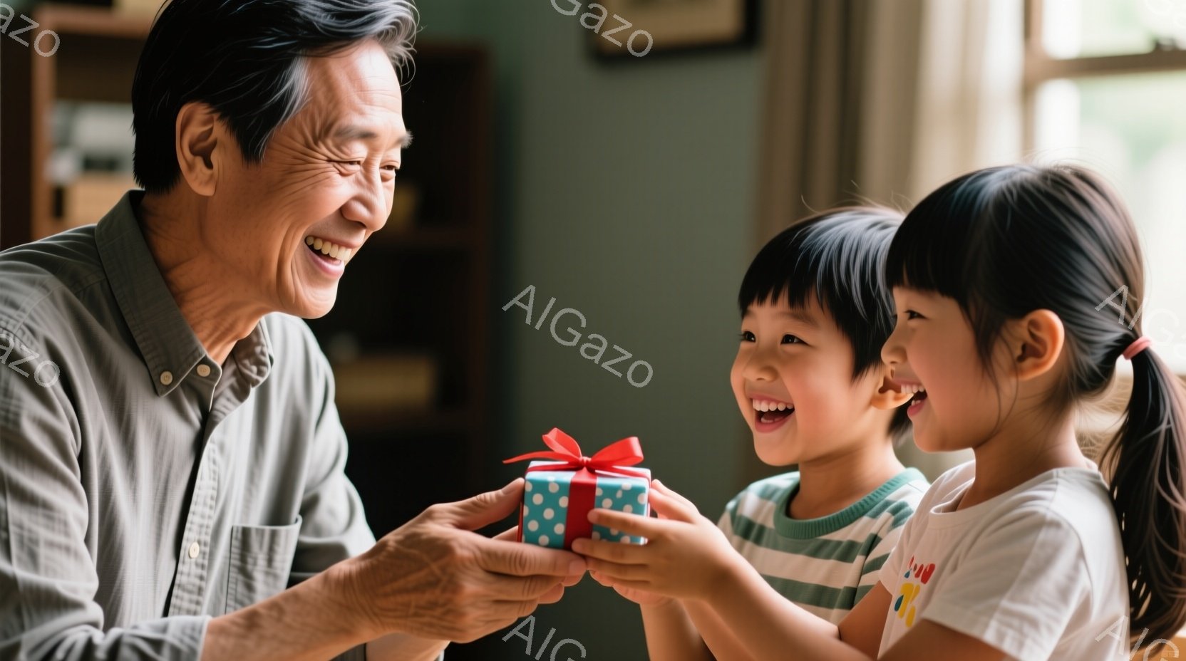 年配の男性が、赤いリボンで結ばれた水色のプレゼントボックスを二人の幼い少女に渡そうとしています。少女たちは笑顔で、興奮した様子でプレゼントを受け取ろうとしています。背景は、落ち着いたトーンの室内で、暖 - AI生成フリー素材
