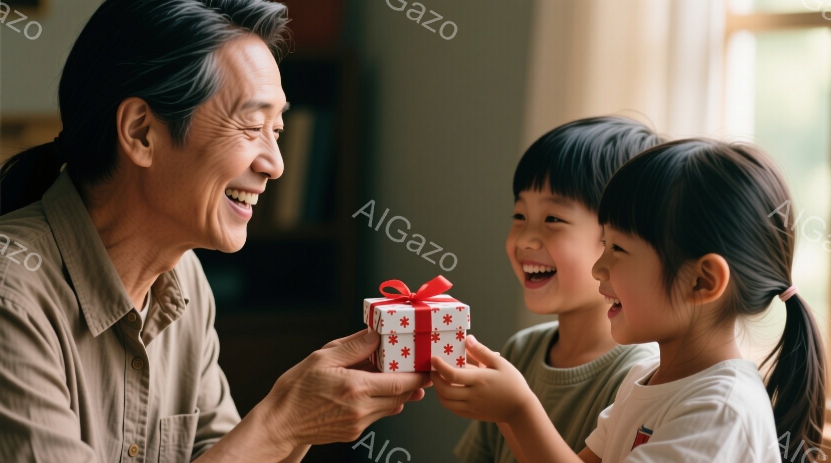 白髪の男性が、赤いリボンで結ばれた小さなプレゼントの箱を幼い女の子に渡しています。お互いに笑顔で、女の子は両手でプレゼントを受け取ろうとしています。背景はぼやけていますが、室内であることがわかり、温かく幸せな雰囲気が漂っています。