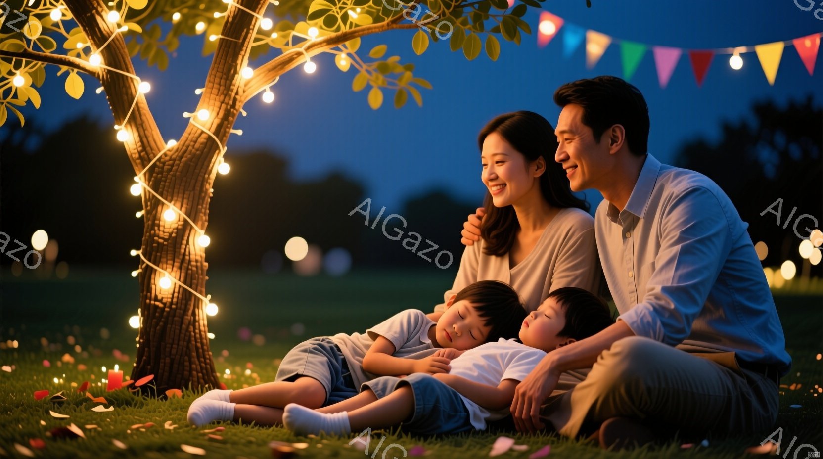 穏やかな夜、芝生の上に横たわる幼い男の子二人が見えます。母親は隣に座り、優しく微笑みながら子供たちを見守っています。背景にはぼやけた木々と光の飾り、そして夜空が広がり、温かく、平和な雰囲気を醸し出しています。