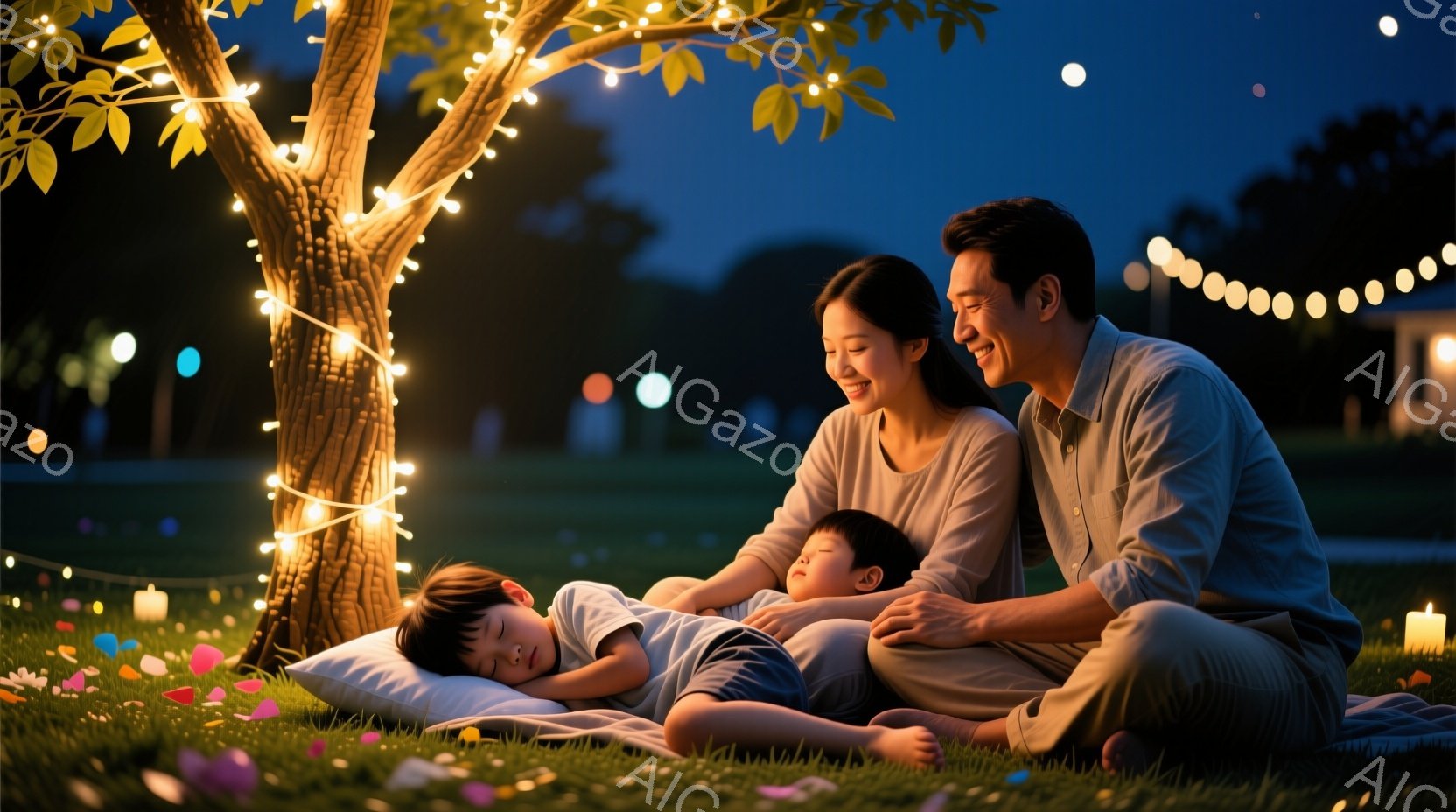 夜の公園で、若い夫婦が横になった息子たち2人の傍らに座っている様子が描かれている。母親は穏やかな笑顔で、父親は優しく息子たちを見守っている。背景には、ライトアップされた木々とぼんやりとした建物が見え、夜空には星が輝き、暖かく、平和な雰囲気を醸し出している。