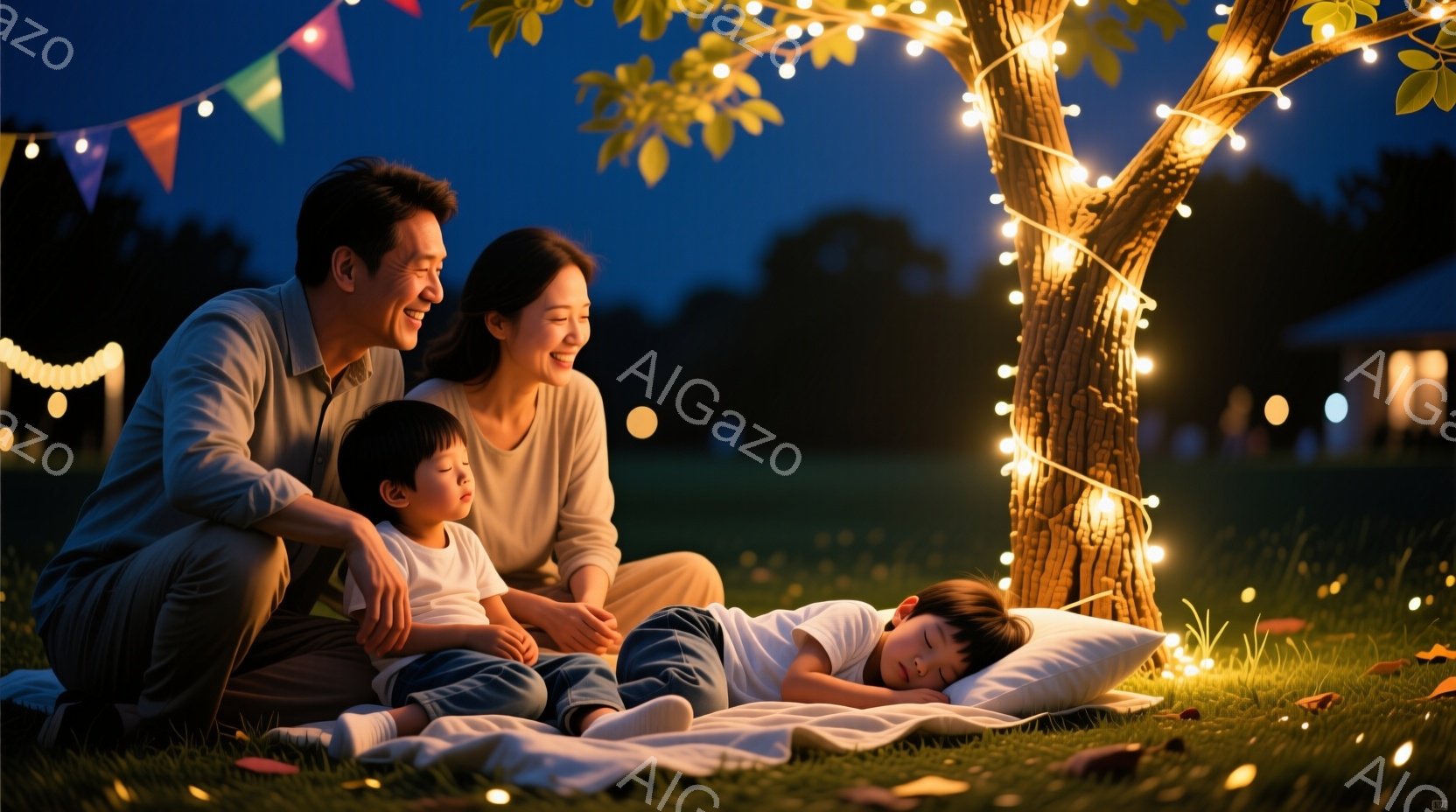 夜の公園で、両親が眠っている幼い息子の傍らに座っている様子が描かれている。父親はベージュ色のシャツとパンツを着用し、母親は白いシャツを着て、笑顔で息子を見守っている。背景には木に巻き付けられた電飾が輝き、芝生の上には敷物が敷かれ、遠くには建物の明かりが見える、温かく穏やかな夜の雰囲気である。