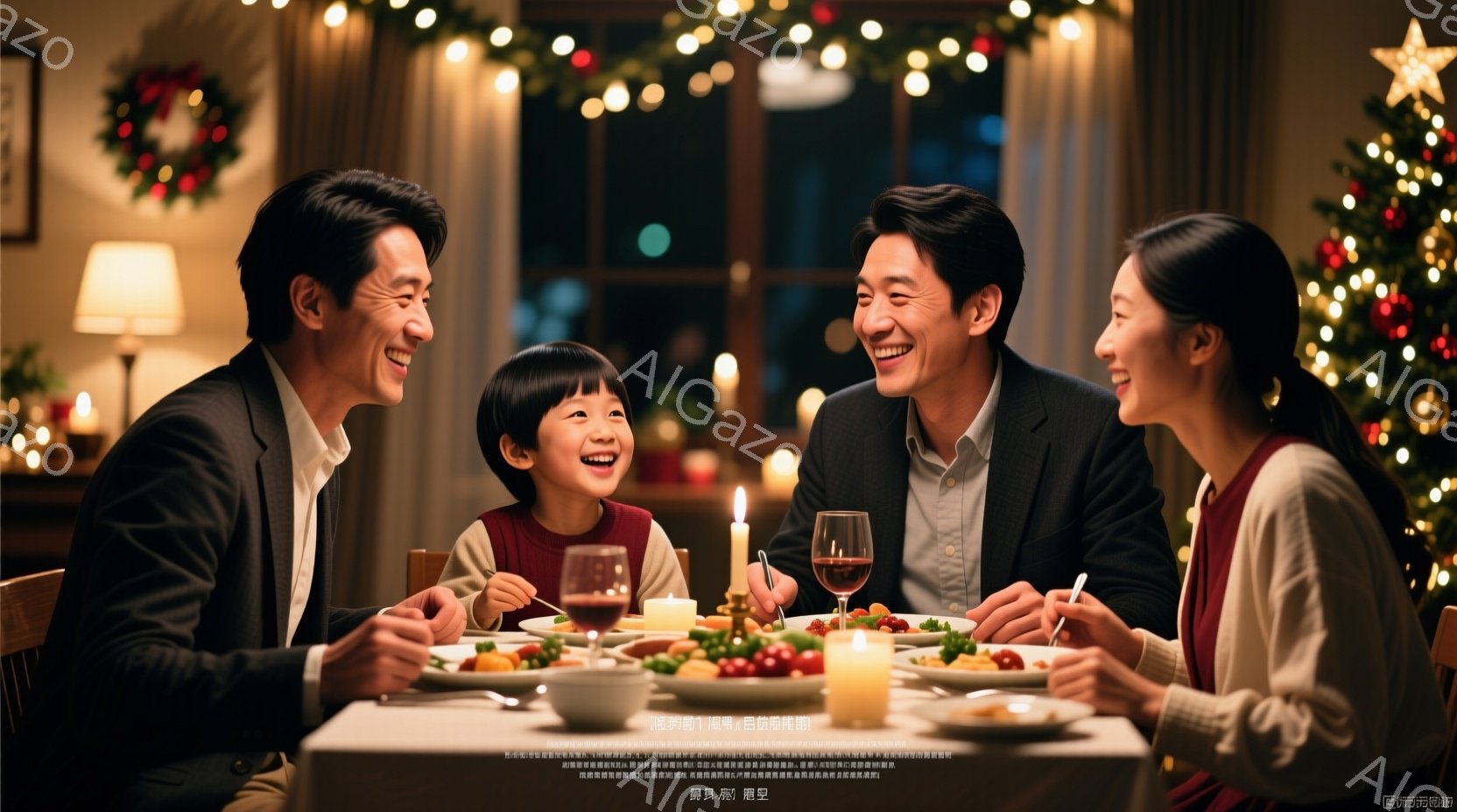 家族がダイニングテーブルを囲んで食事をしている様子が写っている。父親と母親はそれぞれネイビーとベージュのニットを着ており、笑顔で娘を見つめている。背景にはクリスマスツリーや装飾が施された暖炉があり、温かく幸せな雰囲気が漂っている。