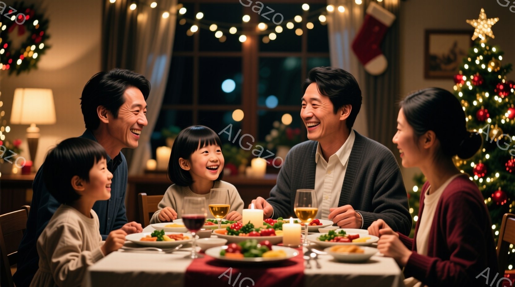 家族が食卓を囲み、楽しそうに笑っています。父はセーターを着ており、母は赤いシャツを着ています。子供たちはそれぞれカジュアルな服装で、背景にはクリスマスツリーや飾り付けがあり、温かく幸せな雰囲気が漂っています。