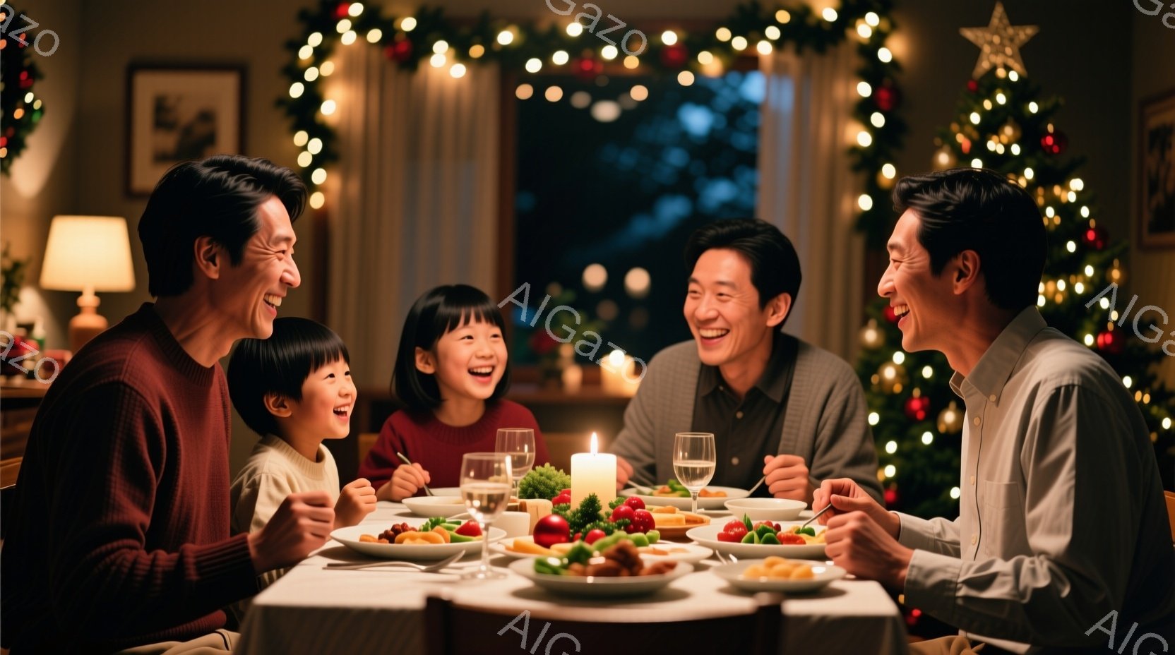 温かい光に包まれた食卓を囲む家族の姿が描かれています。子供たちは赤いニットを着て、楽しそうに笑い、両親は穏やかな笑顔でそれを見守っています。背景にはクリスマスツリーが飾られ、暖かく幸せな雰囲気の夕食の様子が伺えます。