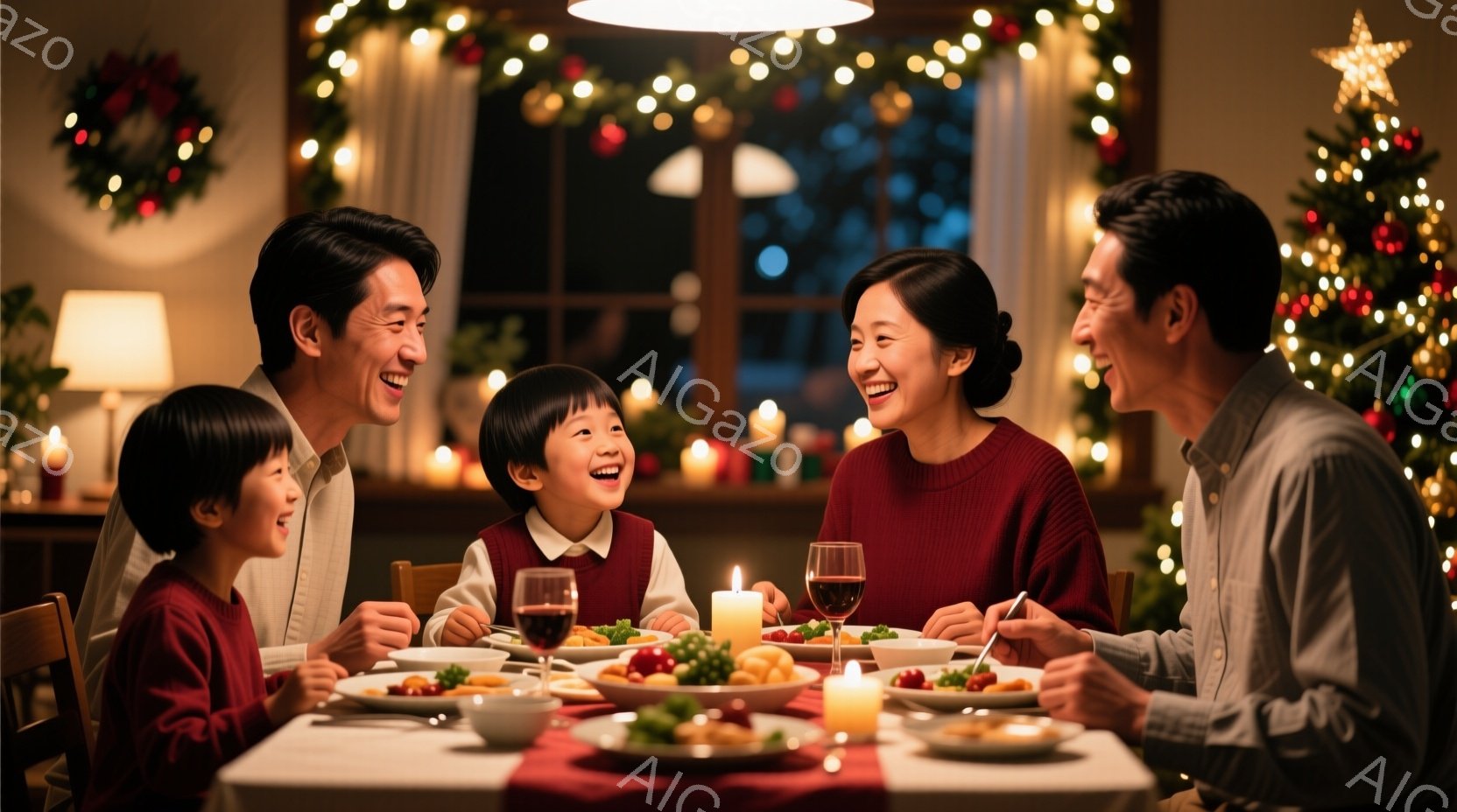 暖炉の光とクリスマスツリーの輝きに照らされたダイニングテーブルを囲み、笑顔で夕食を楽しむ家族の様子が描かれています。両親と二人の子供たちは、それぞれ赤いニットやシャツを着ており、活気に満ちた表情で会話を楽しんでいます。背景には、クリスマスオーナメントが飾られた窓と暖炉があり、温かく幸せなクリスマスの雰囲気が漂っています。