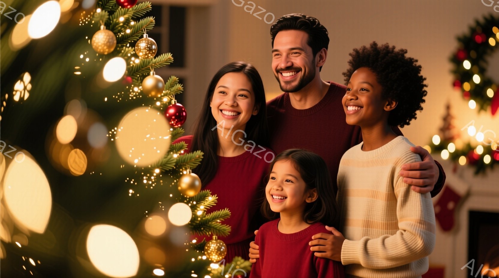 家族がクリスマスツリーの前で寄り添って微笑んでいます。母親は赤色のセーターを着て髪を長く伸ばし、父親は同じく赤色のセーターを着て短髪です。二人の子供はそれぞれ白いセーターと赤色のドレスを着ており、背景にはぼやけたクリスマスデコレーションや暖色の光が広がっています。