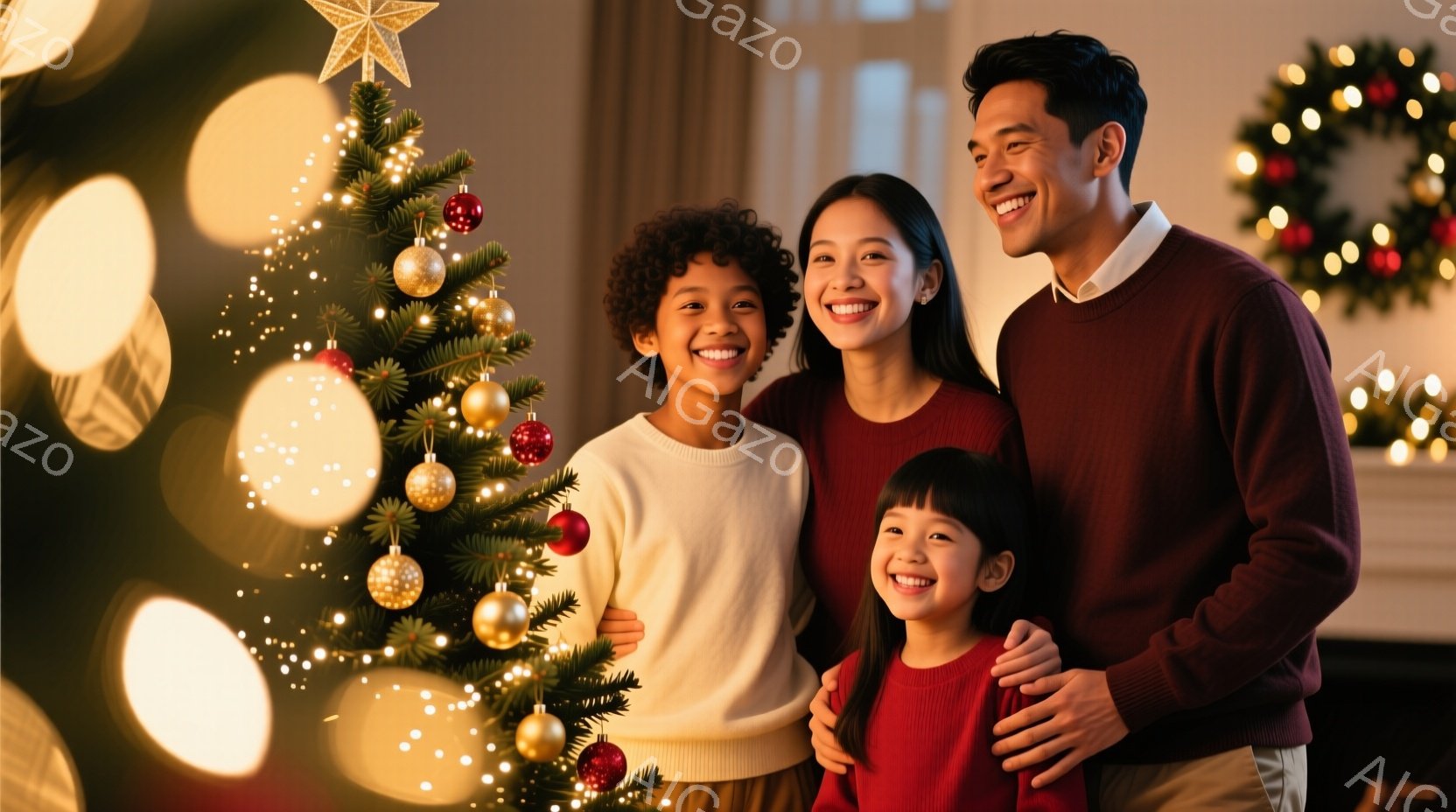 家族四人がクリスマスツリーの前で肩を組み、笑顔でカメラに向かっています。母親は赤いセーターを着て、髪を後ろにまとめている一方、父親は濃い赤色のセーターを着ています。子供たちは白いセーターを着ており、特に女の子は可愛らしいヘアスタイルで、全体的に温かく幸せな雰囲気が漂っています。