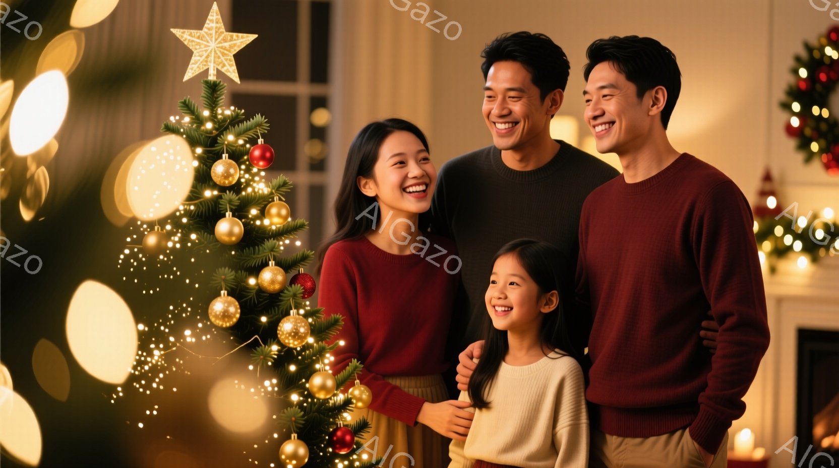 クリスマスツリーを背景に、笑顔の家族が写っています。母親は赤いセーターを着て、父親と娘はそれぞれ同じ色のニットを着ています。娘は白いセーターにベージュ色のズボンを履いており、家族は肩を寄せ合い、温かい雰囲気を醸し出しています。