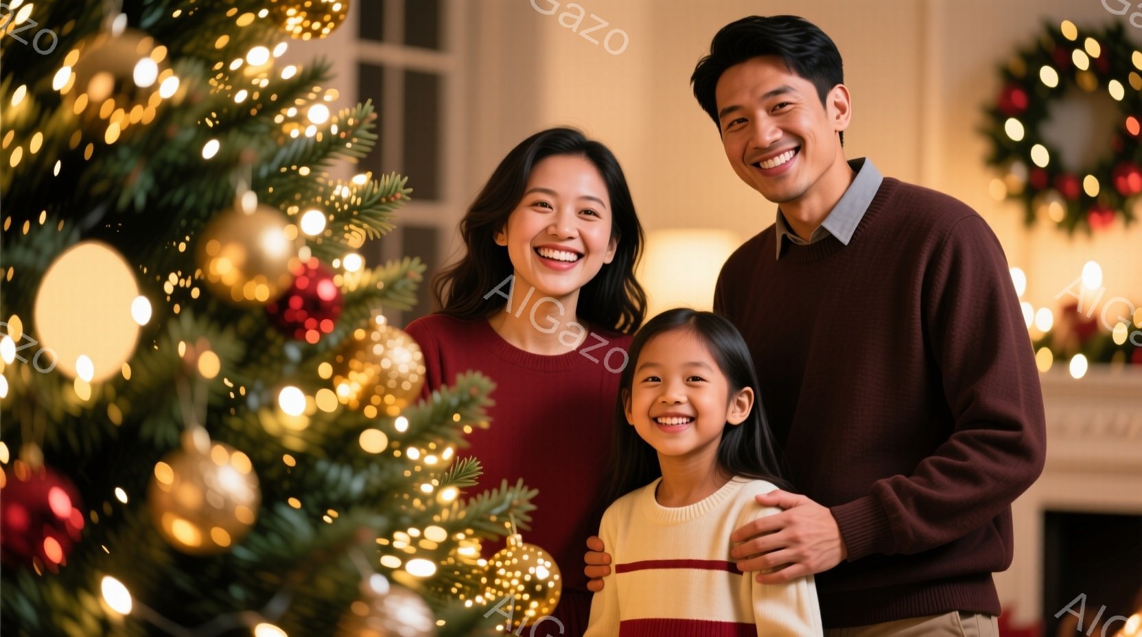 笑顔の女性と男性、そして少女がクリスマスツリーの前で寄り添って立っている。女性は赤いセーターを着ており、男性と少女はそれぞれ茶色のニットを着ている。背景にはキラキラと光るクリスマスツリーと装飾があり、暖かく幸せな雰囲気が漂っている。