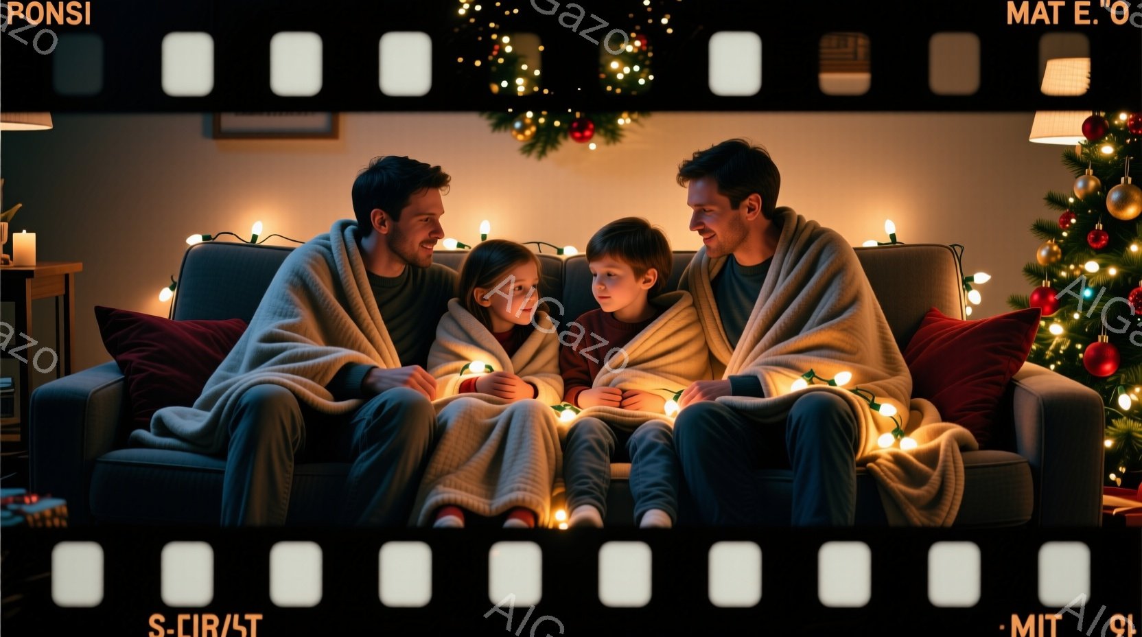 ソファに座って毛布にくるまっている男性2人と子供2人が描かれています。男性は短髪で、子供たちはどちらも茶色の髪をしており、皆リラックスした表情をしています。背景にはクリスマスツリーと温かい光があり、家族団らんの温かい雰囲気が伝わってきます。