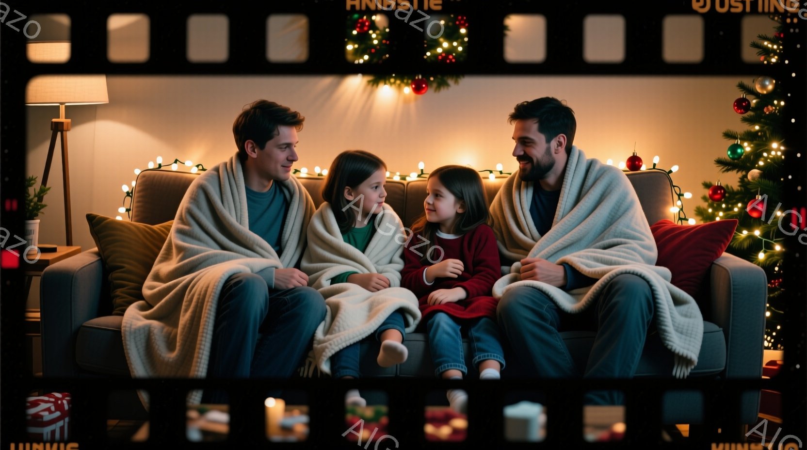 暖炉のあるリビングで、若い男性2人と幼い女の子がソファーに並んで座っている。3人はそれぞれ毛布に包まれ、リラックスした表情で何かを見ているようだ。背景にはクリスマスツリーやプレゼントが置かれ、温かく居心地の良い雰囲気が漂っている。