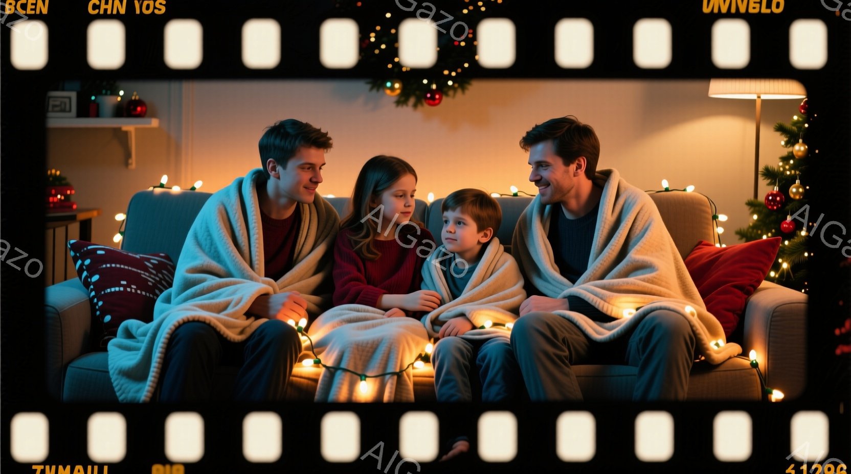 暖炉の前に座って、家族が毛布にくるまっています。母親は長い茶色の髪で、赤いセーターを着ています。父親は茶色の髪で、白いセーターを着て、子供たちは笑顔で、温かく、幸福な雰囲気が漂っています。