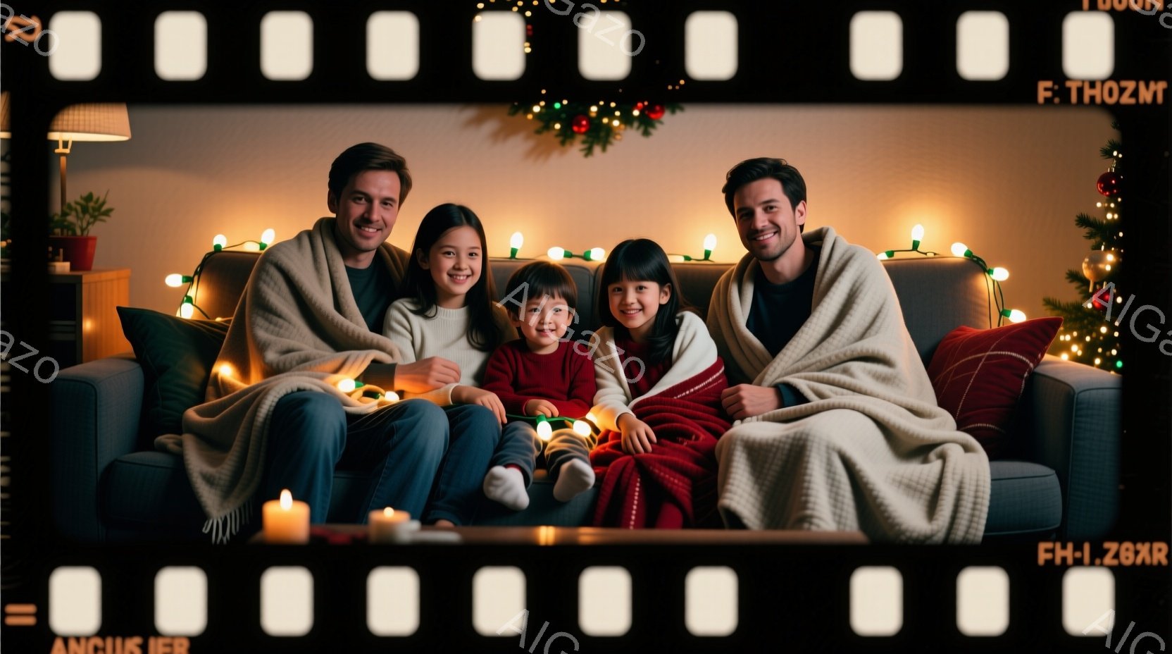 家族は暖かいリビングルームのソファに座っています。全員が落ち着いた表情で、大きな笑顔を浮かべており、リラックスした雰囲気が伝わってきます。背景にはクリスマスツリーの飾りやキャンドルが灯っており、温かく心地よい冬の夜の雰囲気を醸し出しています。