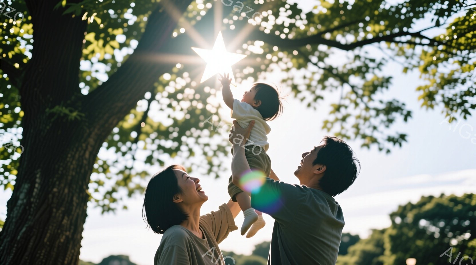 幼い子供が父親によって高く持ち上げられています。子供は白い服を着ており、父親はカジュアルなシャツを着ています。背景には緑豊かな木々と青空が広がり、太陽の光が放射状に広がっており、温かく幸せな雰囲気を醸し出しています。