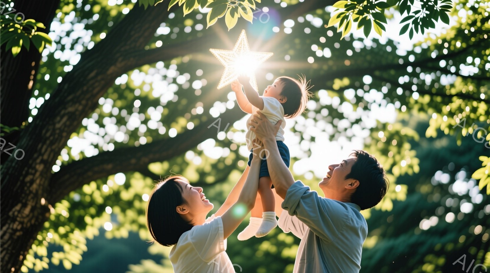 父親が幼い子供を高く掲げ、母親が笑顔でそれを見守っています。子供は白い服と靴下を身に着け、父親と母親は白いシャツを着ています。背景には緑豊かな木々が生い茂り、光が差し込み、暖かく幸せな雰囲気を作り出しています。