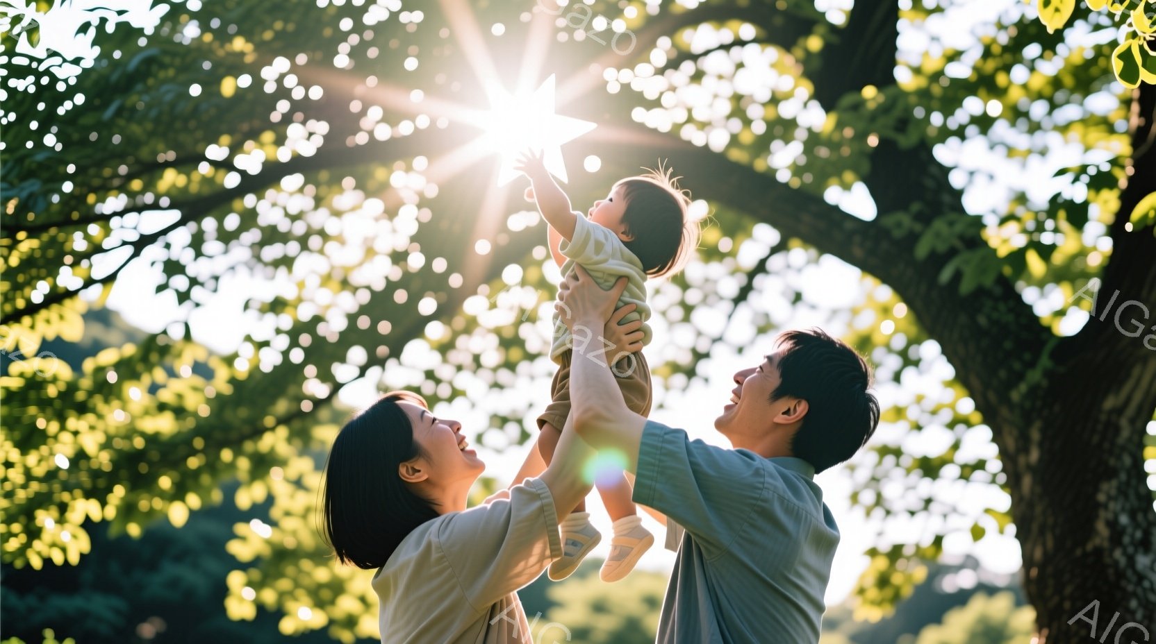一対の親が幼い子供を両手で持ち上げ、子供は空に向かって手を伸ばしています。親はカジュアルな服装で、女性は明るい色のシャツ、男性は青いシャツを着ています。背景には緑豊かな木々が生い茂り、太陽光が差し込み、温かく幸せな雰囲気を醸し出しています。