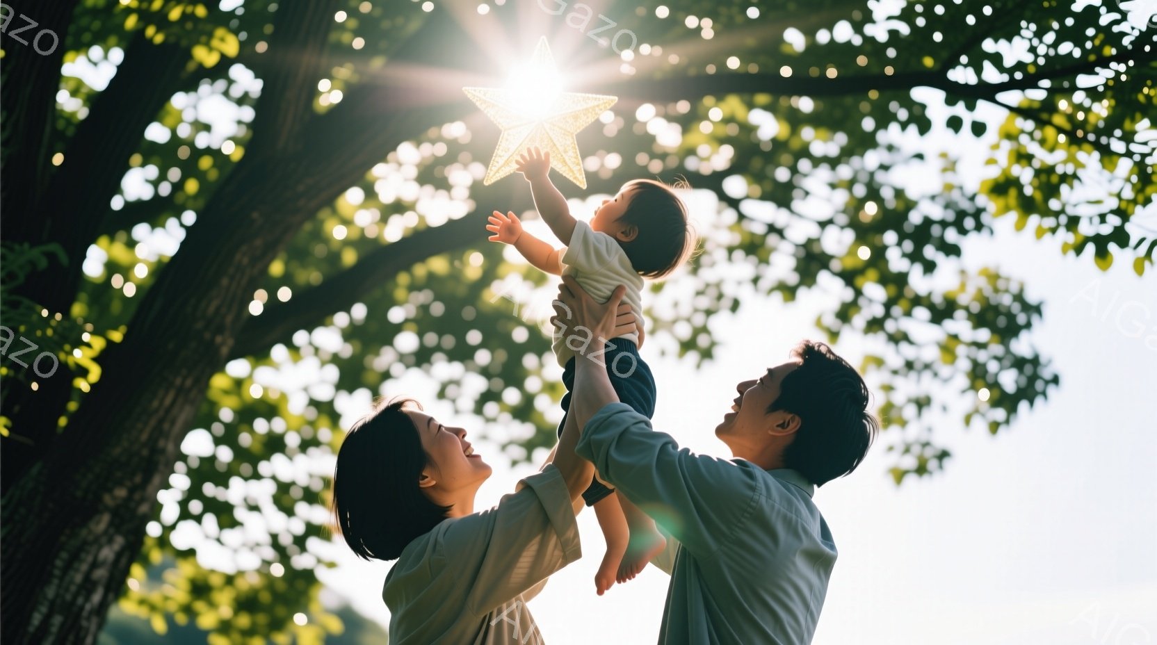 晴れた日の公園で、父親が幼い子供を両腕で高く持ち上げています。母親は微笑みながら子供を見上げており、家族の温かい雰囲気が伝わってきます。背景には緑豊かな木々が広がり、太陽の光が差し込み、希望に満ちた穏やかな情景です。