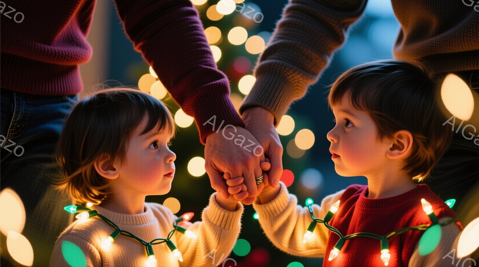 幼い双子の子供たちが、クリスマスの電飾を手に繋ぎ合って見つめ合っている様子が捉えられています。二人は共に白いセーターまたは赤いセーターを着ており、短い茶色の髪をしています。背景にはぼやけた光の粒子があり、温かく穏やかなクリスマスの雰囲気を醸し出しています。