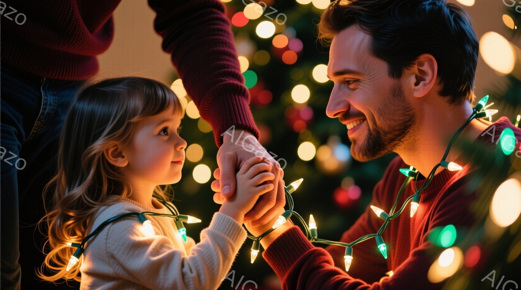 金髪の巻き毛の少女が、赤いセーターを着た父親と手をつないでいます。二人はクリスマスの電飾に囲まれ、互いに笑顔を浮かべており、温かい愛情に満ちた雰囲気が伝わってきます。背景はぼやけていますが、カラフルな電飾が輝き、祝祭の雰囲気を高めています。