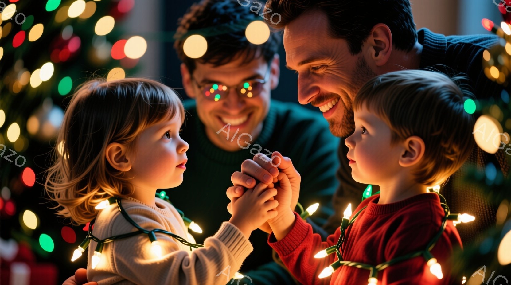 幼い女の子と男の子がクリスマスのイルミネーションライトを繋ぎ合わせようとしており、背景には笑顔の父親がいます。女の子はクリーム色のニットを着ており、金髪を自然に垂らしています。男の子は赤いセーターを着て、真剣な表情でライトを見つめています。