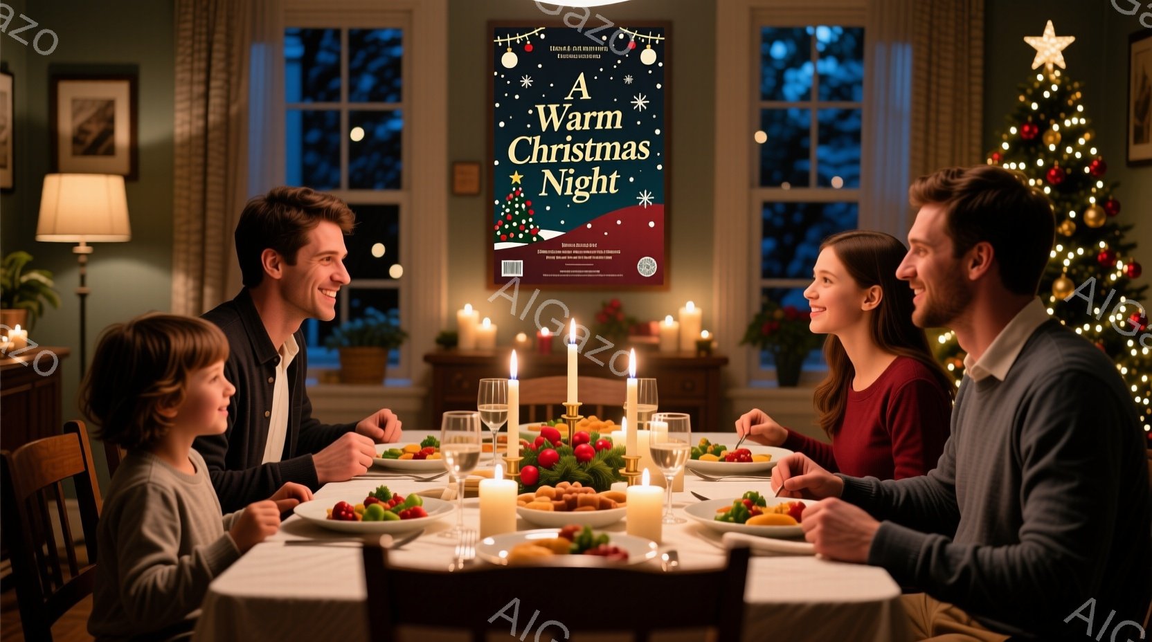 温かい光に照らされたダイニングルームで、家族がクリスマスディナーを楽しんでいます。母親は赤いセーターを着て微笑み、父親はグレーのセーターを着て何かを話しています。背景にはクリスマスツリーが飾られ、暖炉から光が灯り、家族の幸せな団欒の雰囲気を醸し出しています。