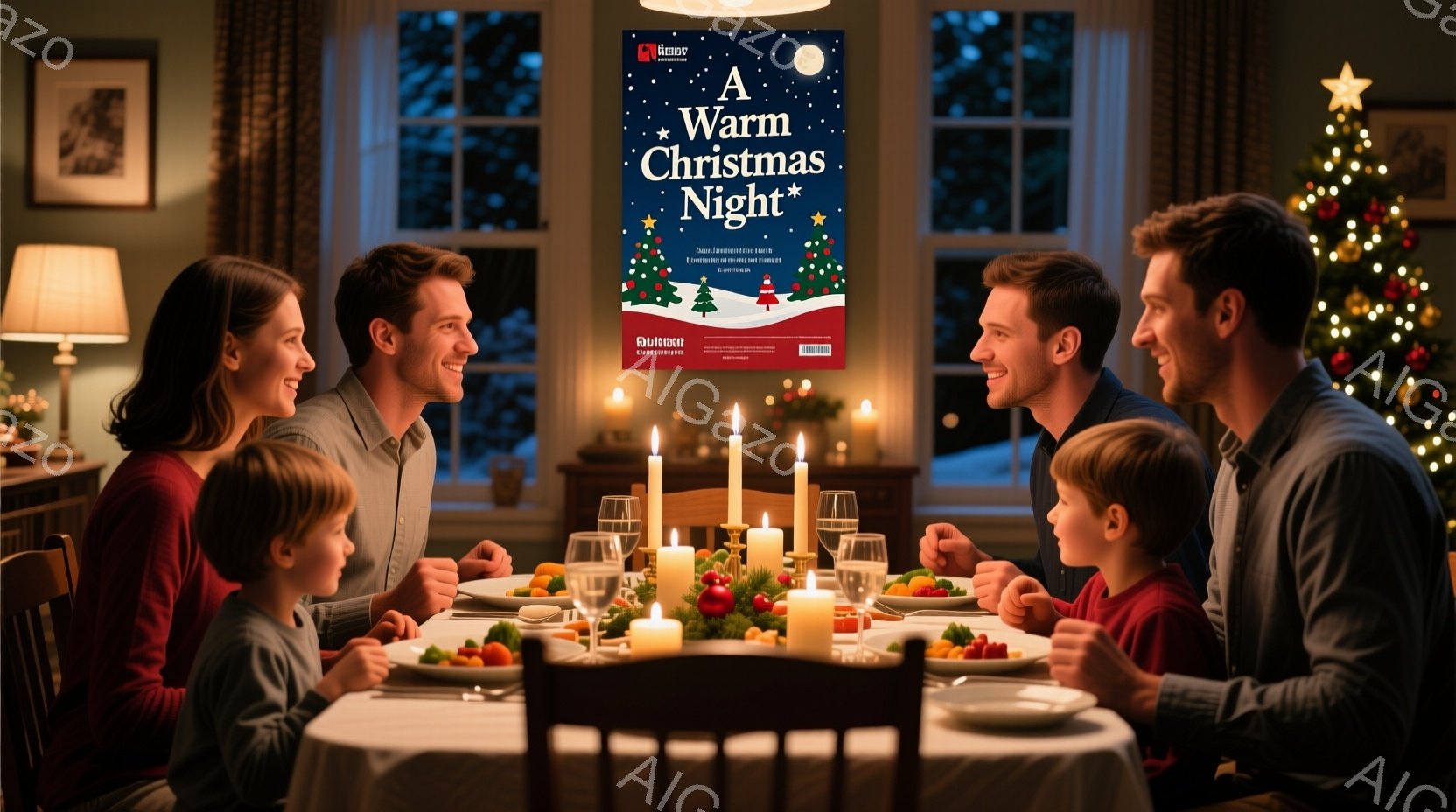 温かい光に包まれたダイニングルームで、家族が夕食を楽しんでいる様子が描かれています。母親は赤いトップスを着て微笑み、父親はネイビーのシャツを着て穏やかな表情をしています。子供たちはそれぞれ異なる色の服を着ており、皆リラックスした雰囲気で食事を楽しんでいます。