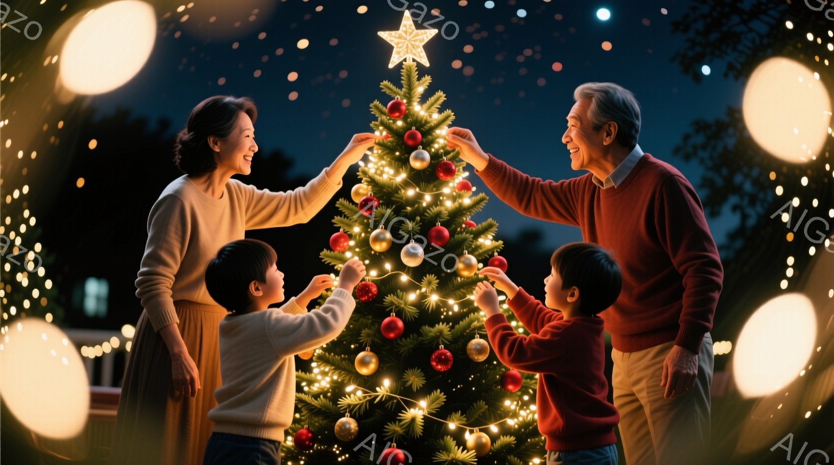 家族がクリスマスツリーを飾り付けている様子が写っています。おじいちゃんとおばあちゃん、そして二人の子供たちはそれぞれ赤いセーターや白いセーターを着て、笑顔でオーナメントをツリーに飾っています。背景には暗い夜空と光るイルミネーションがあり、暖かく幸せなクリスマスの雰囲気が漂っています。