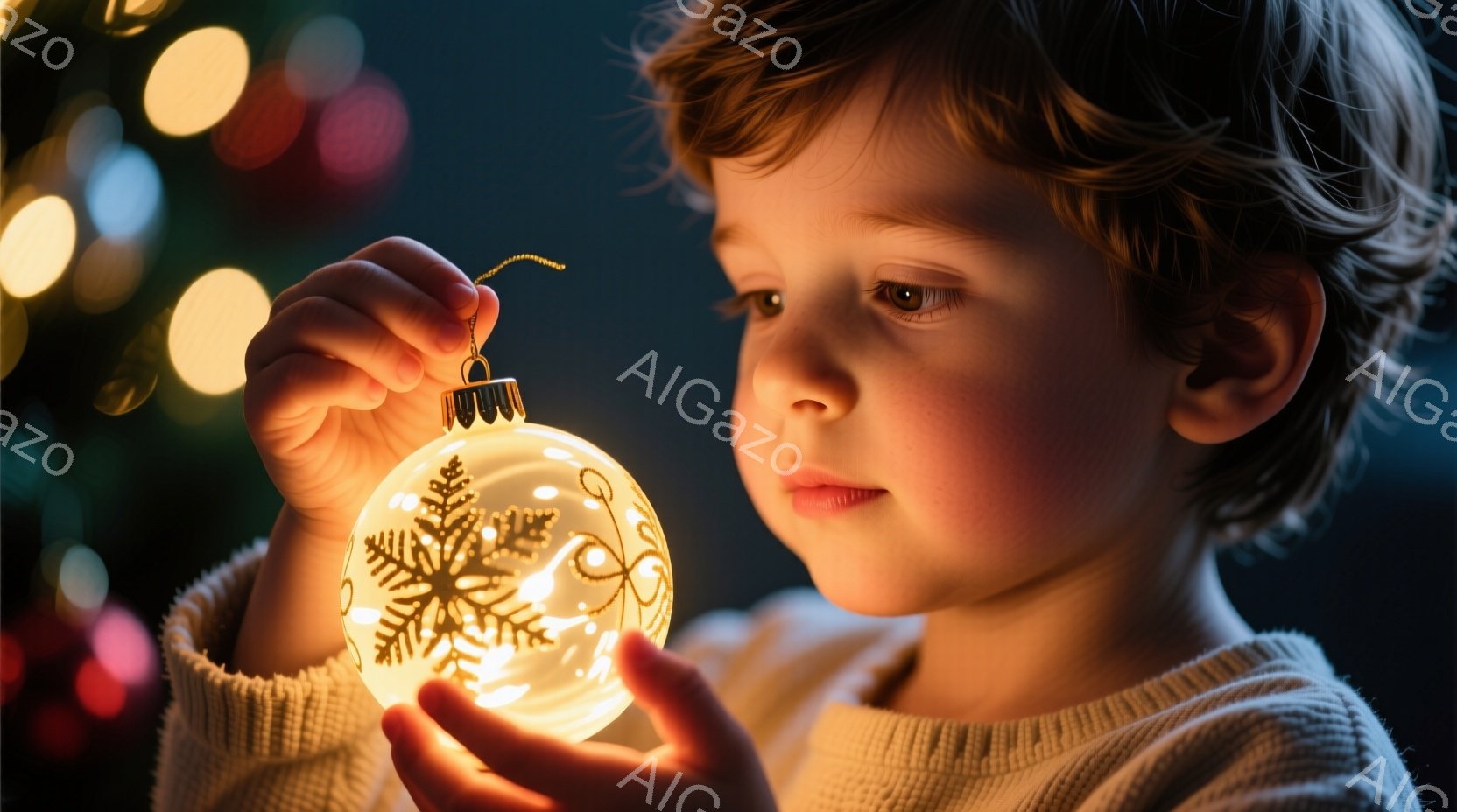 茶髪の少年が、光るスノーフレーク模様のオーナメントを両手でそっと抱えています。彼はベージュ色のセーターを着ており、少し考え込んでいるような表情をしています。背景にはぼやけたクリスマスツリーのライトが見え、温かく幻想的な雰囲気を醸し出しています。