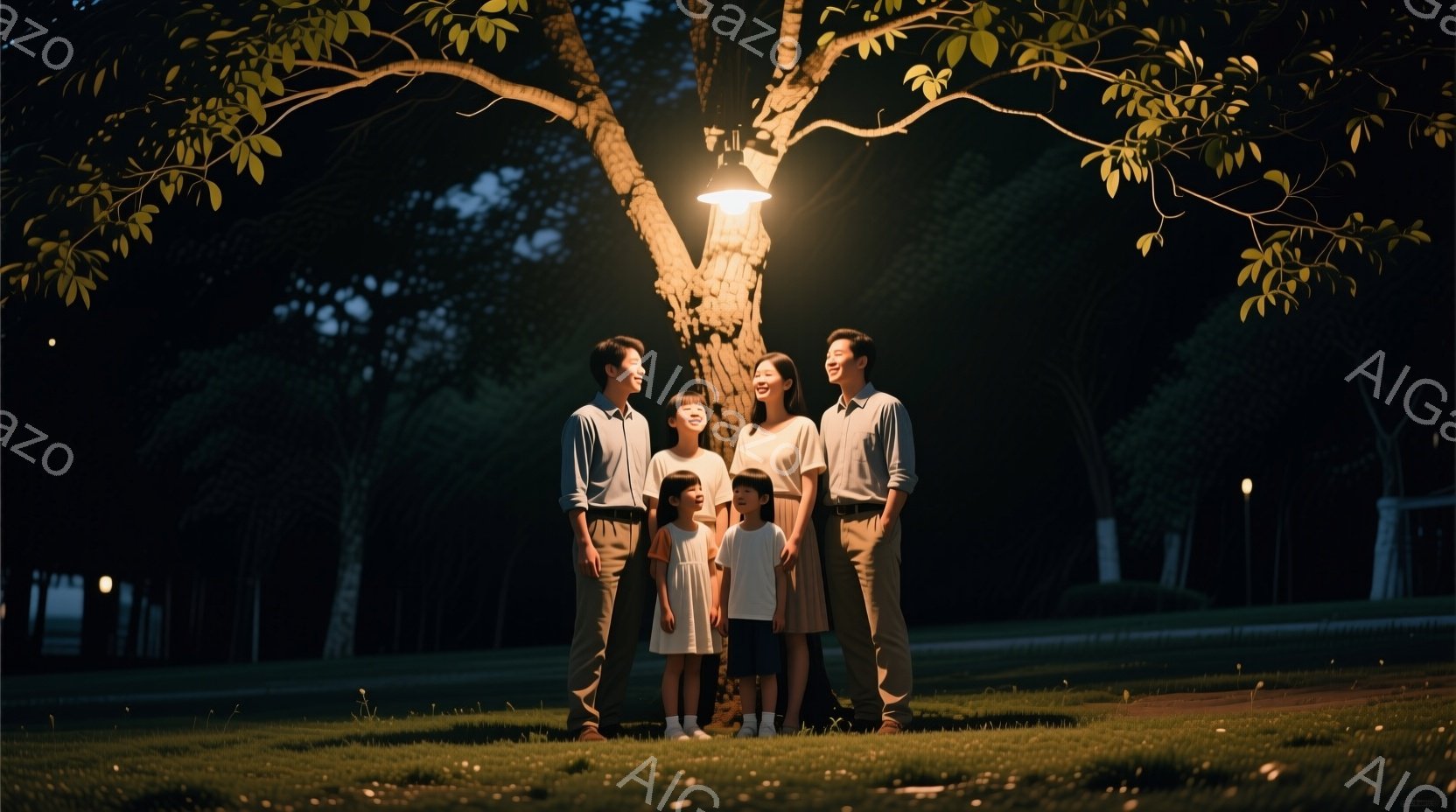 家族五人が夜の公園で寄り添って立っている。全員がフォーマルな服装で、男性はシャツにズボン、女性と子供たちはワンピースを着ている。背景には街灯が灯り、緑豊かな木々がシルエットとなって浮かび上がり、穏やかで温かい雰囲気を醸し出している。
