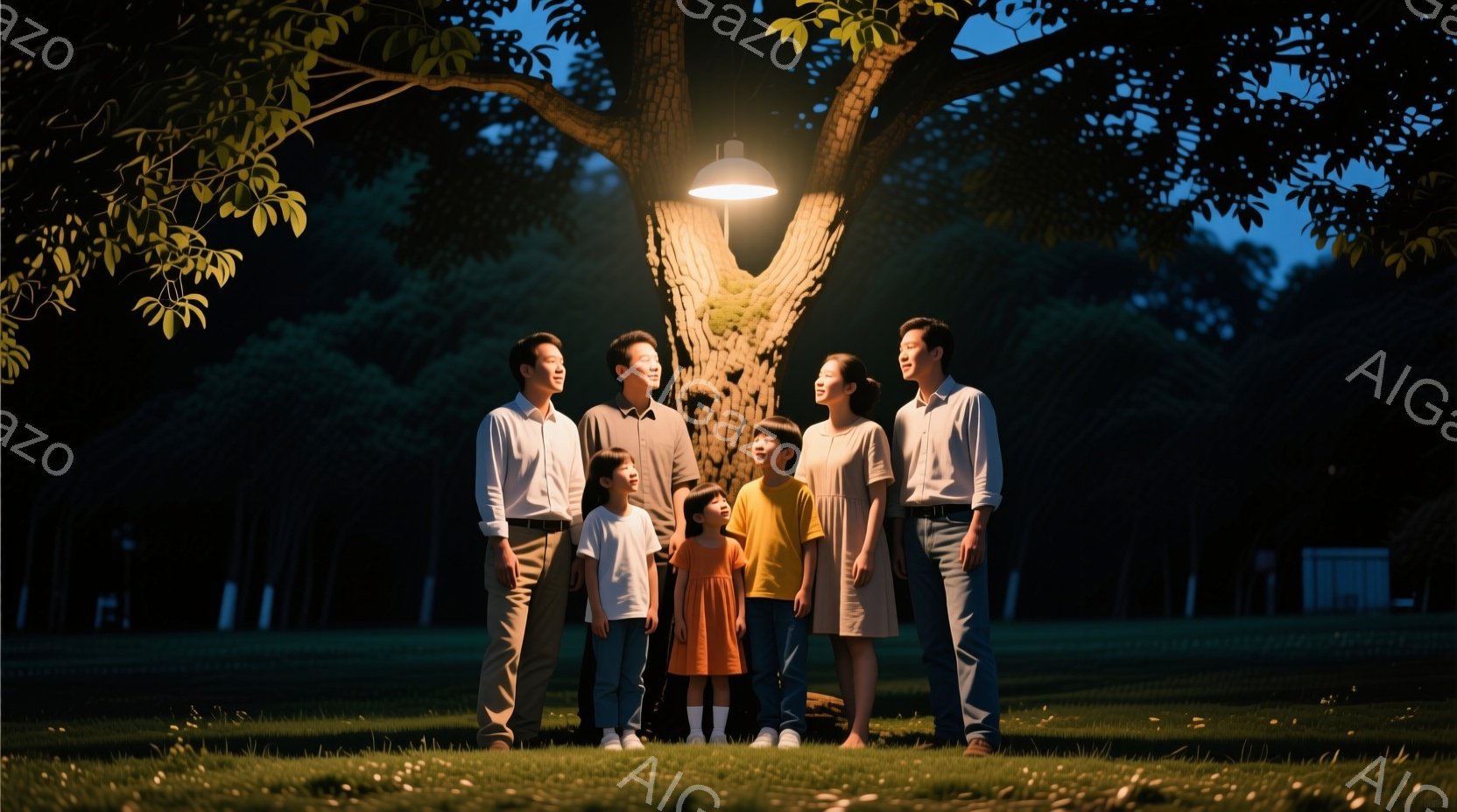 家族六人が公園の緑豊かな芝生の上に立っている。彼らは皆カジュアルな服装で、男性はシャツとズボン、女性と子供たちはワンピースやTシャツとジーンズを着用しており、穏やかな表情を浮かべている。背景には木々とぼんやりとした建物が見え、頭上には明るい光を放つ照明が設置されており、暖かく、平和な雰囲気を醸し出している。