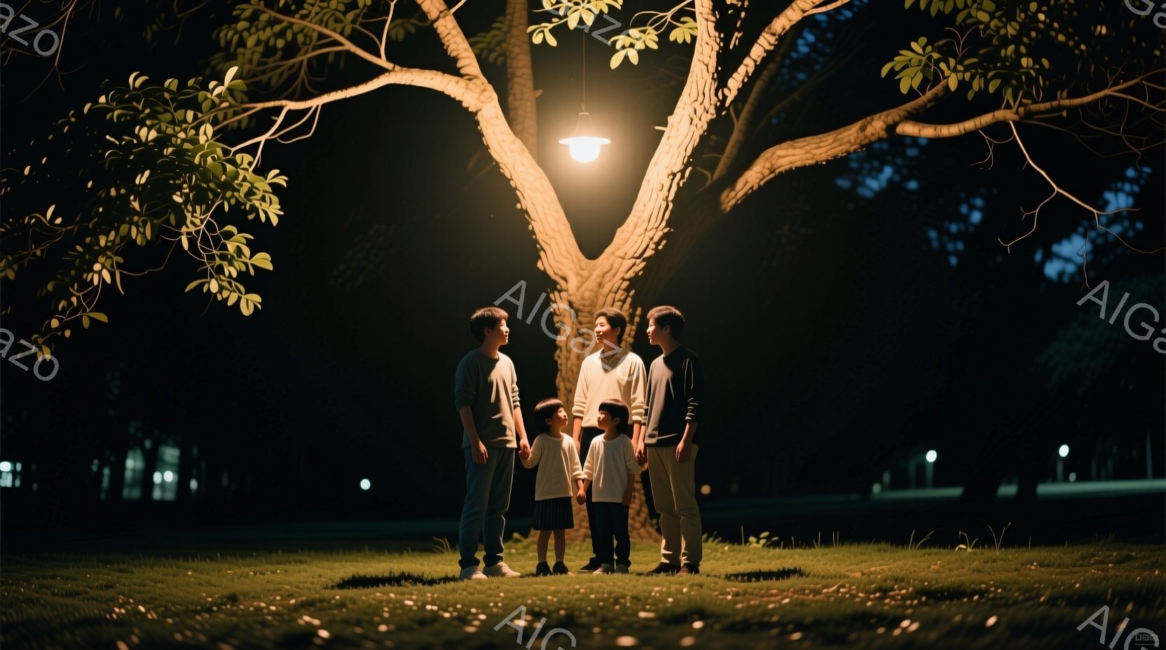 夜の公園で、家族が寄り添って立っている様子が描かれている。母親はベージュ色のシャツを着ており、父親は黒いシャツを着ている。三人の子供たちはそれぞれ異なる色のシャツを着ており、皆微笑んでいるように見える。