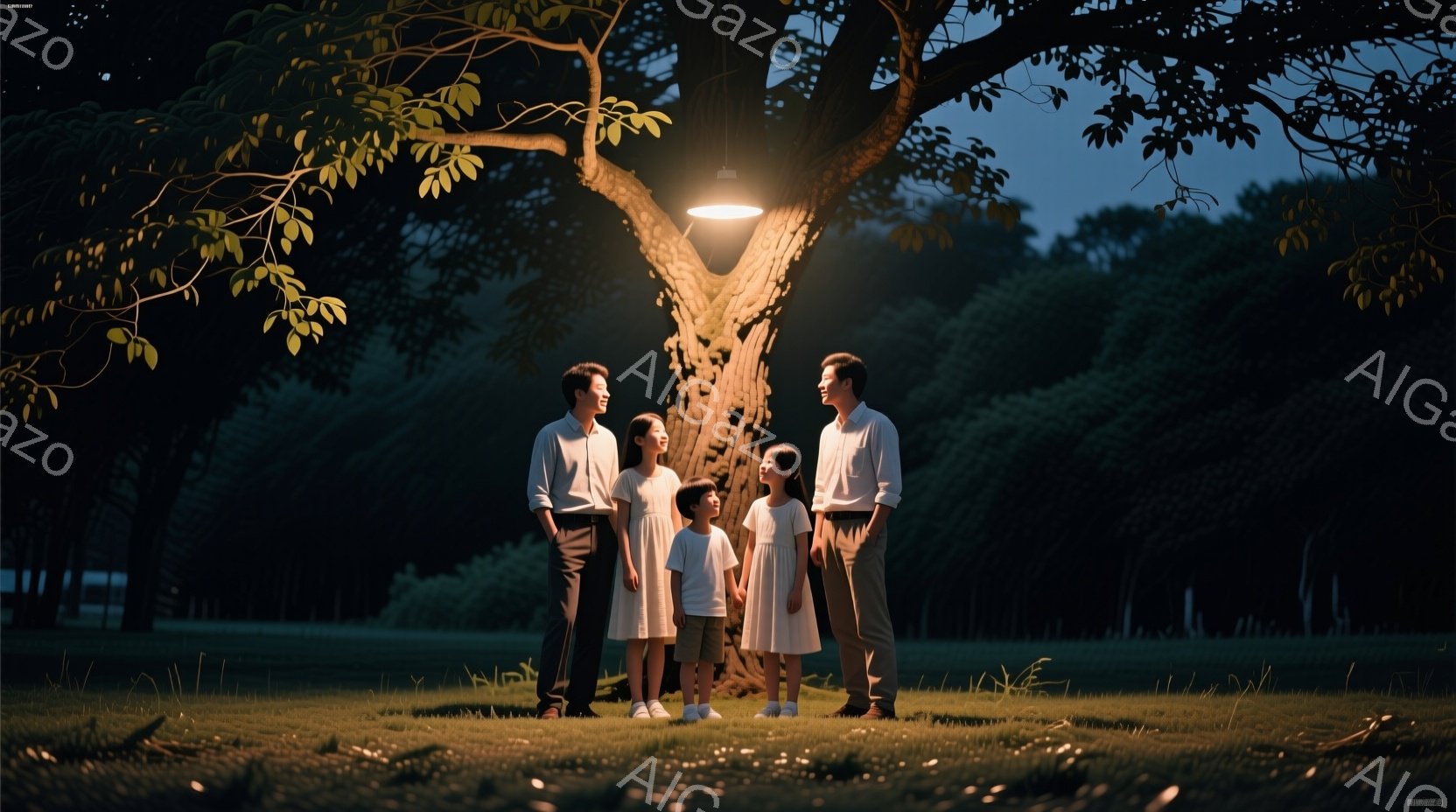 家族五人が夜の芝生の上に立っている。母親は白いブラウスとスカート、父親と二人の息子はそれぞれ白いシャツとズボンを着用し、少女は白いワンピースを着ている。背景には木々が生い茂り、ぼんやりと建物が見え、頭上には明るい光を放つ球状の照明が設置されている、全体的に温かく、穏やかな雰囲気が漂っている。