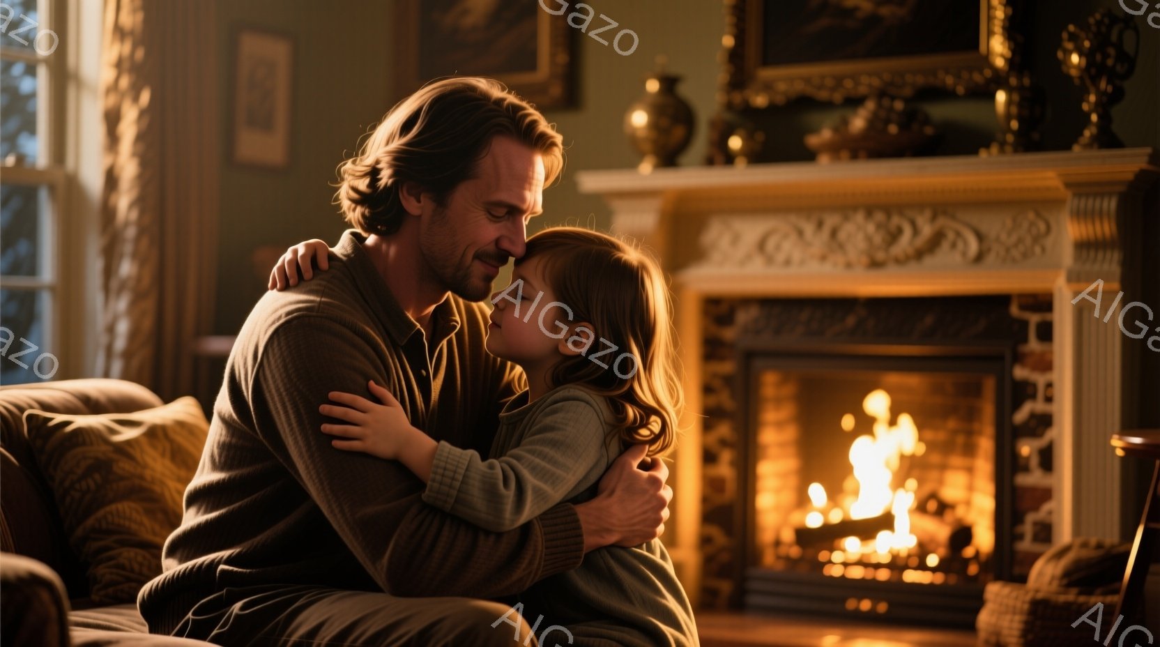 暖炉の前で、父親が娘を抱きしめています。父親は茶色のニットを着ており、少し無精髭を生やし、優しそうな笑顔を浮かべています。娘はグレーのセーターを着ており、父親の肩に寄り添い、幸せそうに目を閉じています。