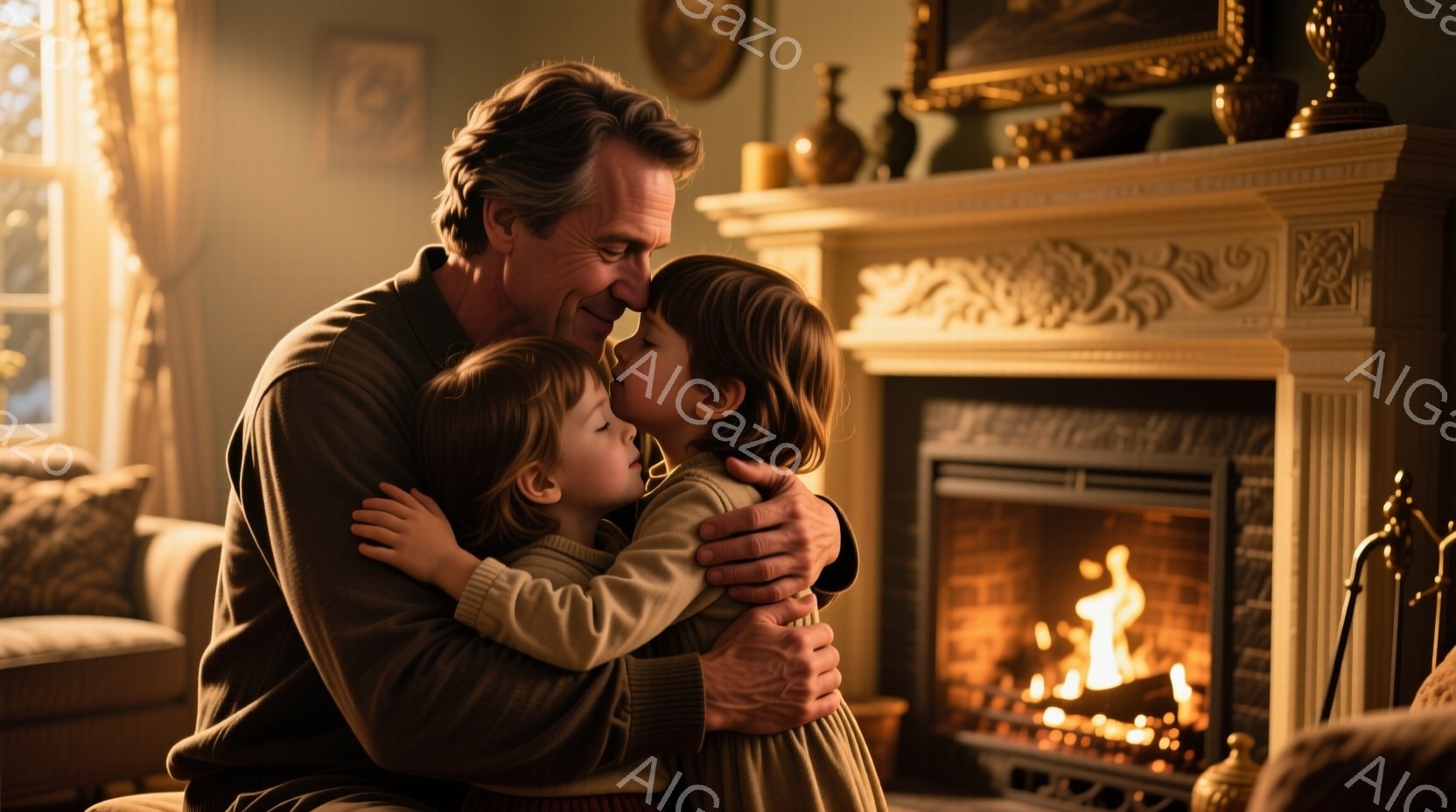白髪混じりの男性が、二人の幼い女の子を優しく抱きしめています。女の子たちは金髪で、それぞれグレーとベージュのドレスを着ています。背景には暖炉があり、炎が灯っていて、部屋全体が温かく、愛情に満ちた雰囲気 - AI生成フリー素材
