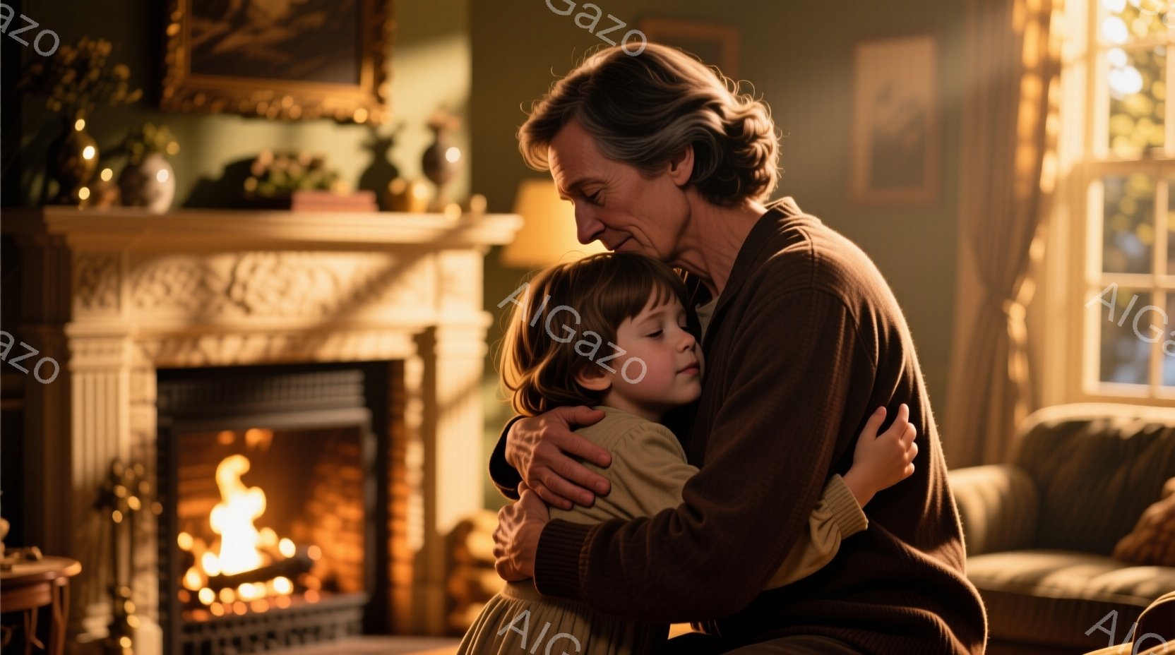年配の女性が幼い女の子を抱きしめています。女性は茶色のセーターを着ており、女の子はクリーム色のニットと薄いピンクのドレスを着ています。背景には暖炉があり、炎が燃え、柔らかな光が部屋全体に広がっています。