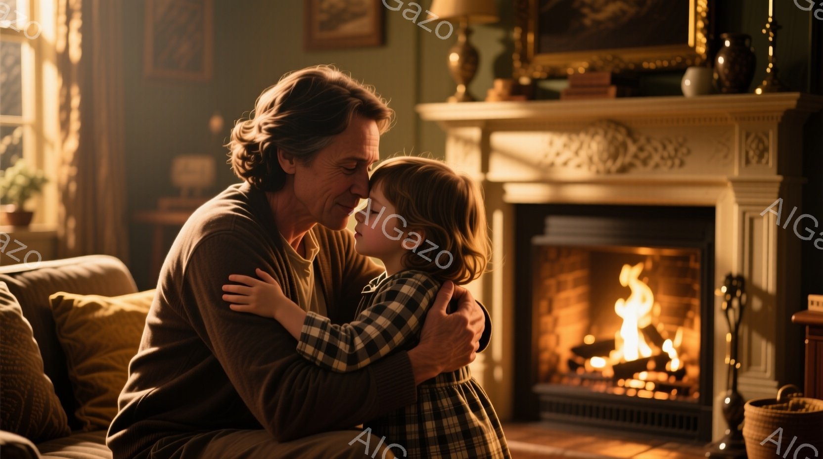 暖炉の前で、白髪の男性が少女を抱きしめています。男性はベージュ色のセーターを着ており、少女はチェック柄のワンピースを着ています。暖炉の火が暖かく、部屋全体を照らし、背景には装飾的な暖炉の Mantelpiece と置物が見え、家庭的な温かい雰囲気を醸し出しています。