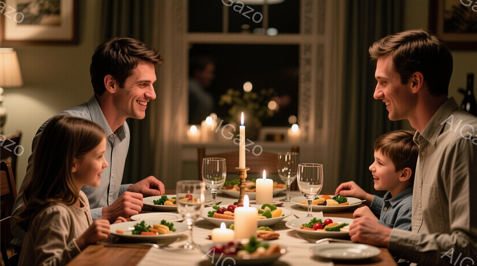 明るいダイニングテーブルを囲み、家族四人が夕食を楽しんでいる様子が写っている。子供たちはカジュアルな服装で、笑顔を浮かべている。背景にはぼやけた窓と、暖かく穏やかな雰囲気の室内が広がっている。