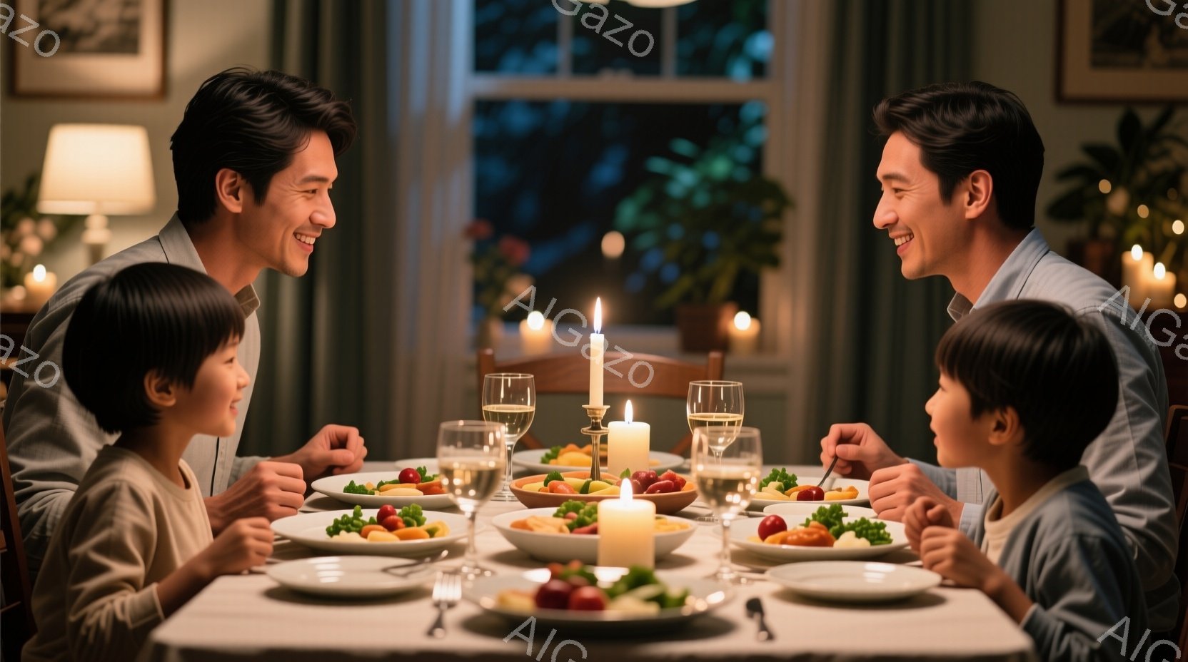 温かい光に包まれたダイニングテーブルを、大人と子供二人が囲んでいる。大人は紺色のシャツを着ており、子供たちは明るい水色のシャツを着ており、皆笑顔で夕食を楽しんでいるようだ。テーブルの上には、サラダやメイン料理が並び、キャンドルとワイングラスが食卓を彩っている。