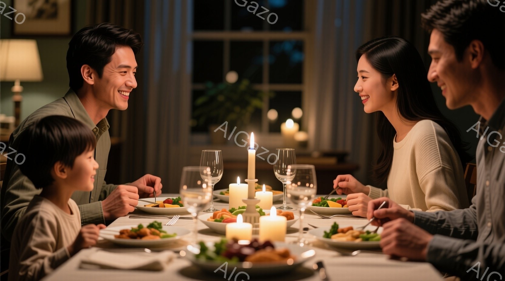 家族四人がダイニングテーブルを囲んで夕食をとっています。男性は薄い緑色のシャツ、女性は白いセーターを着ており、どちらも笑顔で互いを見合っています。テーブルにはキャンドルが灯り、それぞれの皿には美味しそうな料理が並べられており、温かく穏やかな雰囲気が漂っています。