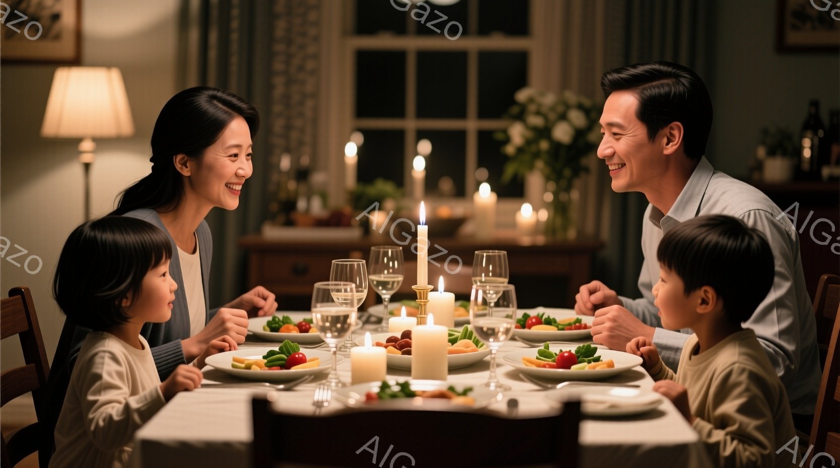 温かい光に包まれたダイニングテーブルを、家族四人が囲んでいる。母親は長い黒髪を後ろにまとめ、優しい笑顔を浮かべている。二人の子供たちは、それぞれ白いシャツを着ており、父親は青いシャツを着ており、皆、食事を楽しみながら互いに見つめ合っている。