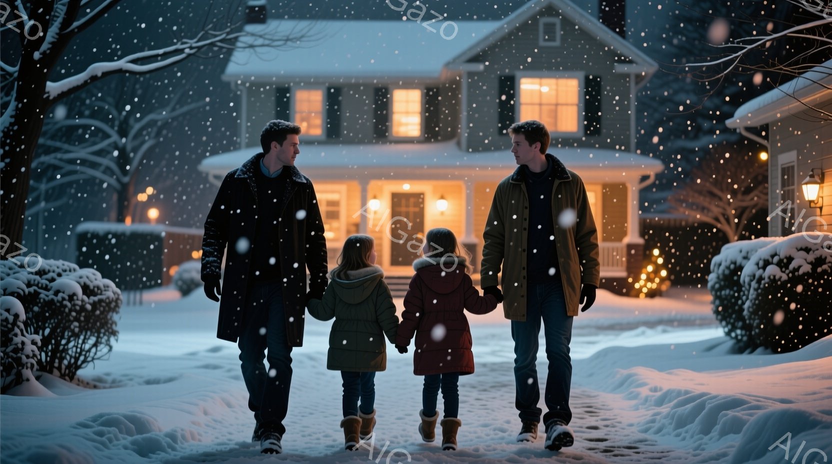 吹雪の中、二人の男性と二人の幼い女の子が手をつないで歩いている。男性はそれぞれ黒とベージュの冬用コートを着ており、女の子たちは赤とグレーのパフジャケットにブーツを履いている。背景にはクリスマスライトが飾られた可愛らしい家があり、雪景色と家の温かい光が、暖かく家族的な雰囲気を醸し出している。