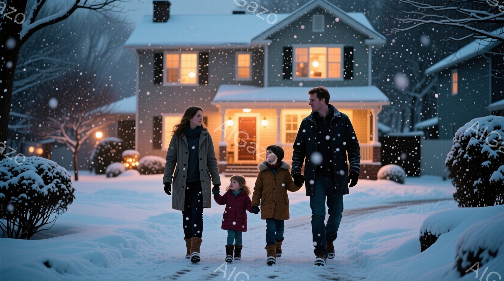 雪が降り積もる夜、暖かい光を放つ家の前を、母親、父親、そして二人の子供が手をつないで歩いている。母親はロングコートに髪を耳にかかり、優しい微笑みを浮かべている。背景には雪に覆われた木々や家々が続き、暖かく穏やかな家族の雰囲気が漂っている。
