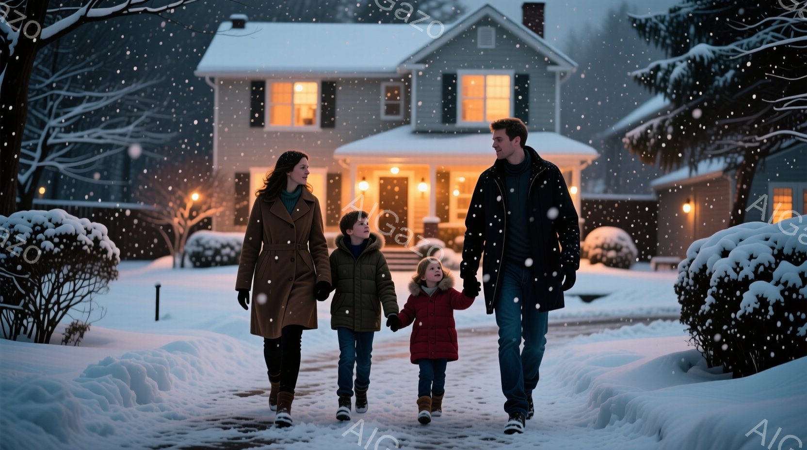 雪が降る中、女性と少年と少女が手をつないで歩いている。女性はキャメル色のコートにブーツを履き、少年は緑色のダウンジャケット、少女は赤いコートを着ている。背景にはライトアップされた住宅があり、雪景色と暖かい光が対照的で、家族の温かい雰囲気が漂っている。