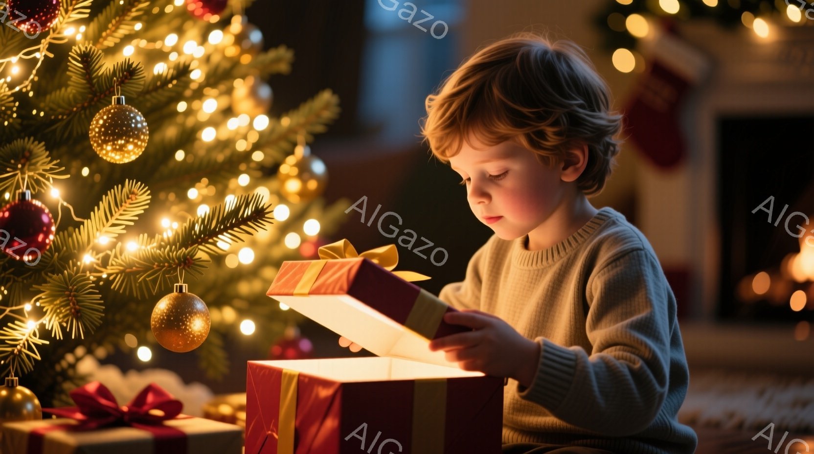 金髪の少年がクリスマスツリーのそばで赤いプレゼントの箱を開けようとしています。彼はベージュ色のセーターを着ており、少し顔を覗き込むような姿勢で、期待と好奇心に満ちた表情をしています。背景にはキラキラと光るクリスマスツリーと、ぼやけた暖炉が見え、温かく、お祝いの雰囲気です。