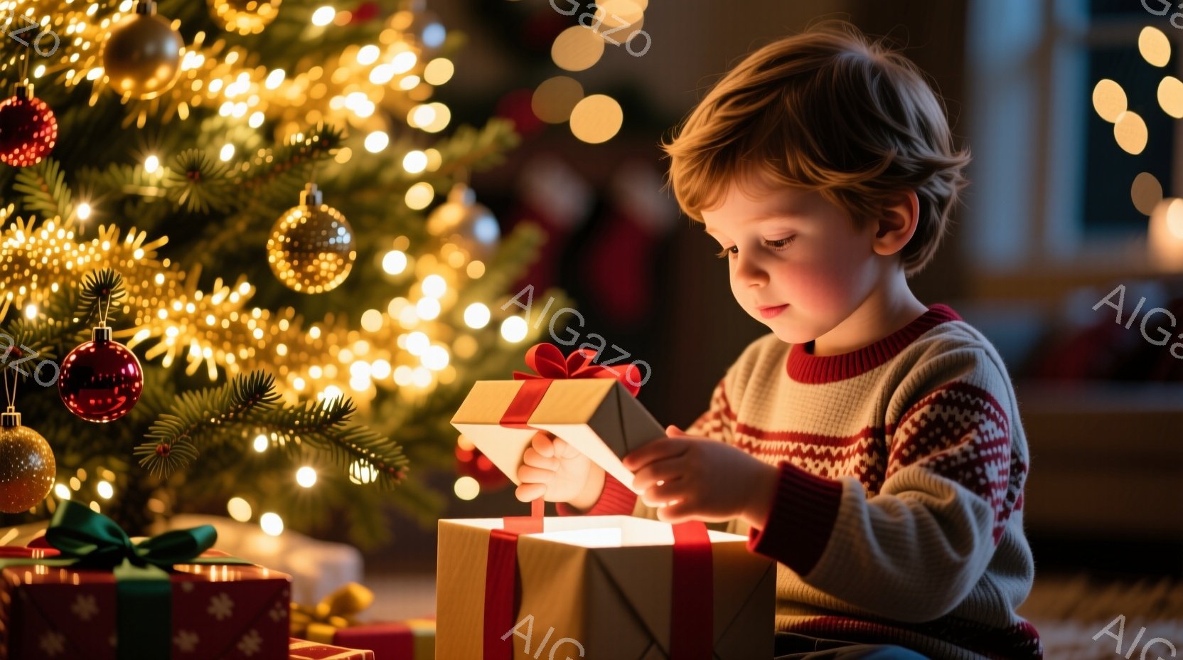 幼い少年がクリスマスツリーのそばでプレゼントの箱を開けています。少年は模様入りのセーターを着ており、明るい色の髪は少し無造作に整えられています。背景にはぼやけたクリスマスツリーの光が輝き、暖かく、お祝 - AI生成フリー素材