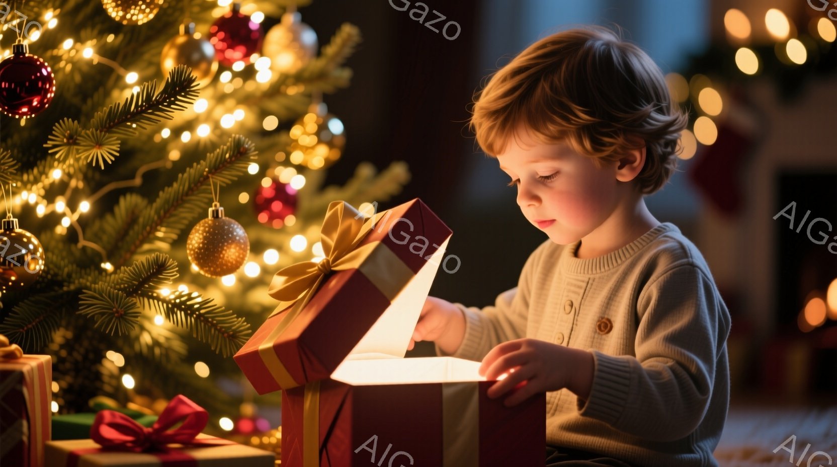 幼い少年がクリスマスツリーのそばで赤いギフトボックスを開けようとしています。彼はベージュのセーターを着ており、カールした茶色の髪をしています。背景には、キラキラと輝くクリスマスツリーと、ぼやけた暖炉が見え、温かく幸せな雰囲気が漂っています。