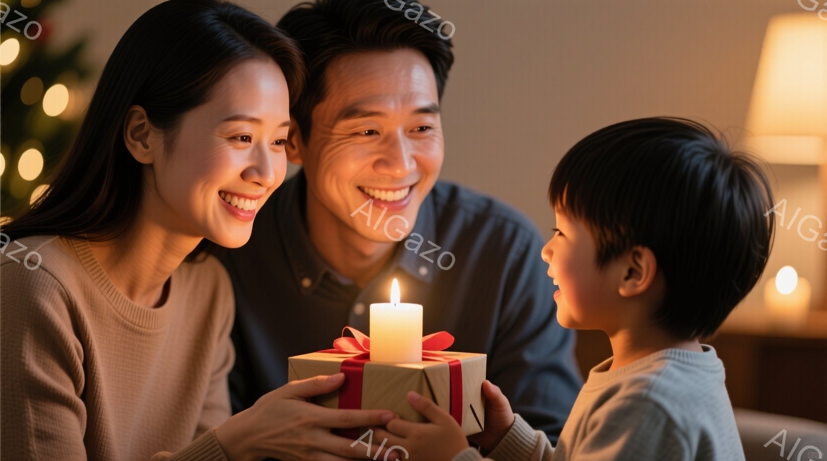 母親と父親が、ラッピングされたプレゼントを前にした幼い息子と向き合っている。母親はベージュのセーターを着て微笑んでおり、父親は濃いグレーのシャツを着て優しい表情をしている。背景にはぼやけたクリスマスツリーのライトが見え、温かく幸せな雰囲気が漂っている。