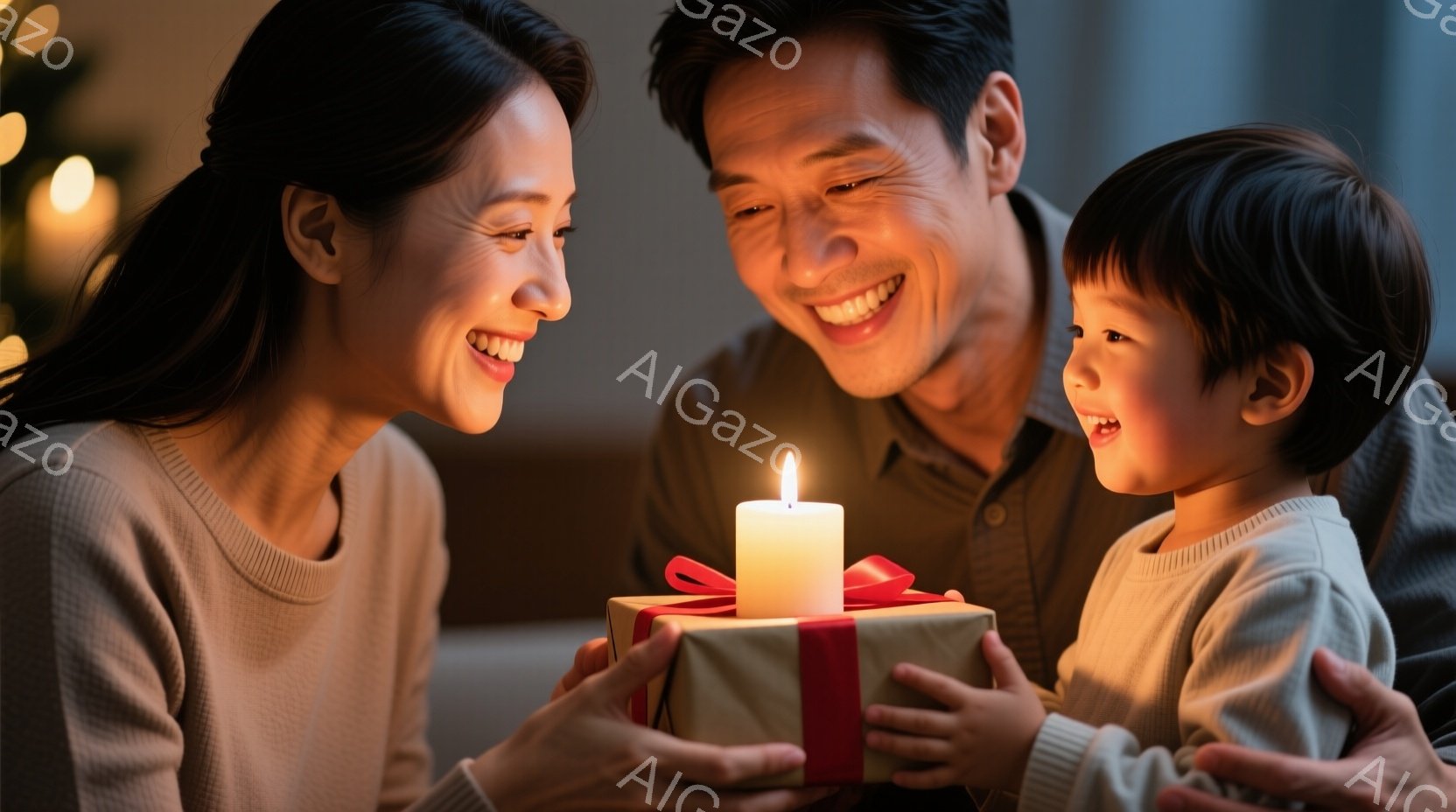 笑顔の女性と男性、そして幼い子供が、茶色い包装紙で包まれたプレゼントを囲んでいます。女性は長い黒髪で、男性は短髪で、どちらも温かい笑顔を浮かべています。背景にはぼやけたクリスマスツリーの光があり、暖かく幸せな家庭の雰囲気が漂っています。