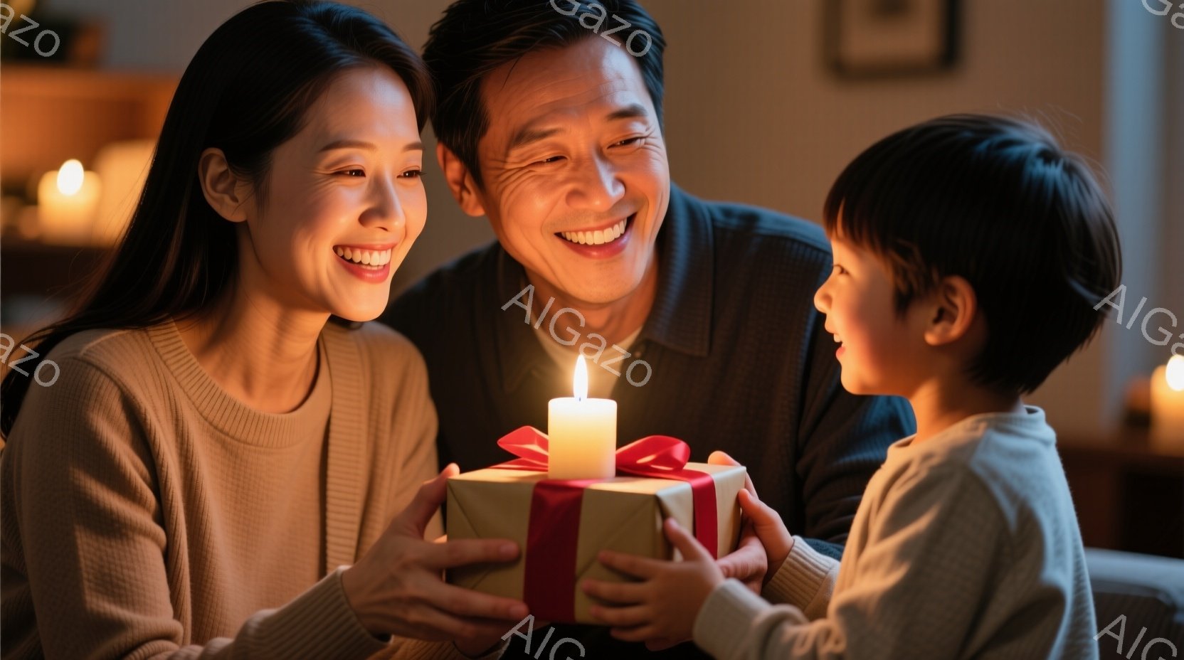 温かい光の中で、若い女性と少年がプレゼントを交換しています。女性はロングヘアで、笑顔を見せ、グレーのセーターを着ています。少年も同様に笑顔で、プレゼントを受け取ろうとしており、背景にはぼんやりとろうそくの光が見え、家庭的な温かい雰囲気が漂っています。