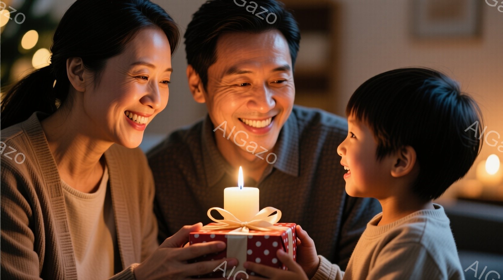 笑顔の女性と男性が、赤い包装紙と白いリボンで飾られたプレゼントを幼い男の子に見せています。女性はベージュのセーター、男性はグレーのセーター、男の子は薄茶色のセーターを着ており、背景にはぼやけた光が灯っています。温かく幸せな家庭の雰囲気が漂い、プレゼントとロウソクが特別な瞬間を演出しています。